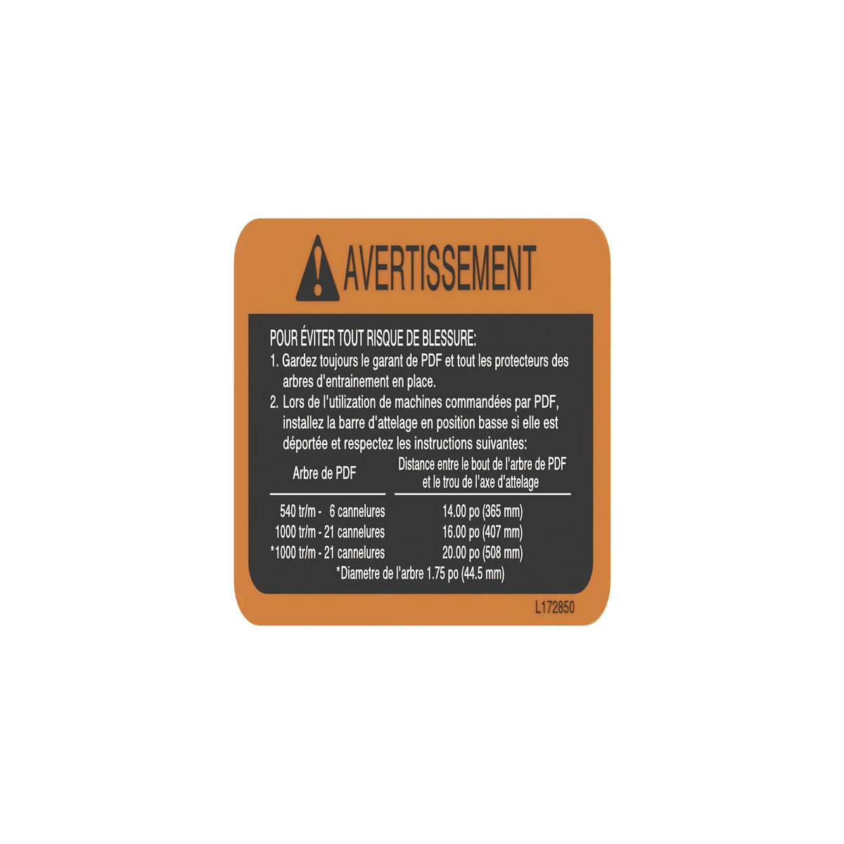 L172850: Fits John Deere L172850 Warning PTO Label, French – Genuine OEM