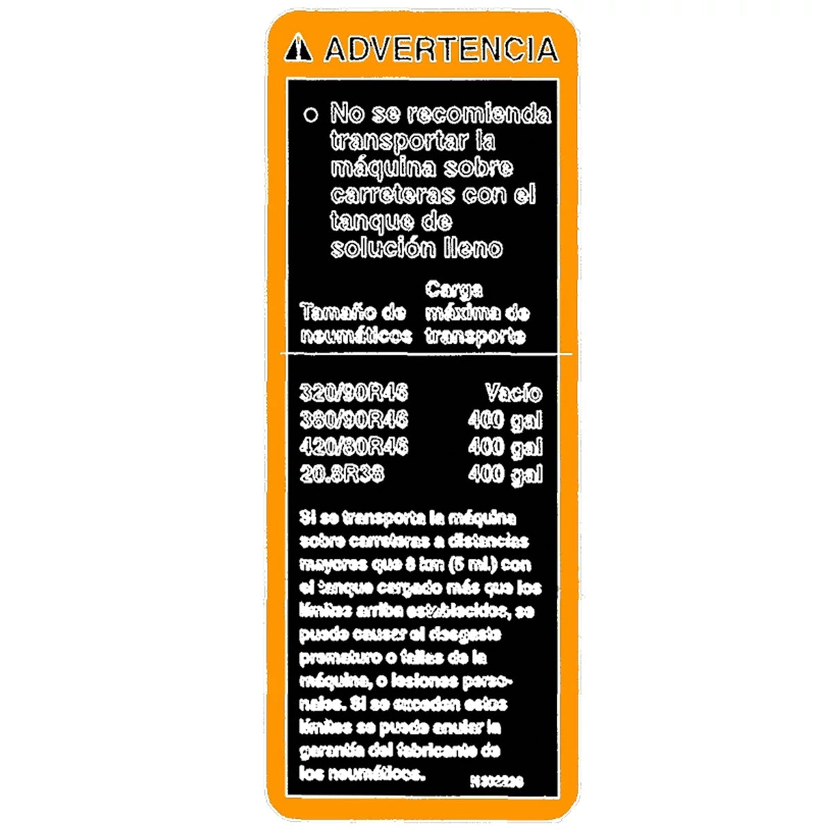 N302238: Fits John Deere N302238 Label, Warning Transport, Spanish – Genuine OEM
