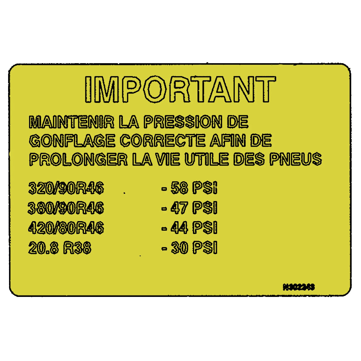 N302243: Fits John Deere N302243 Label, Tire Pressure, French – Genuine OEM
