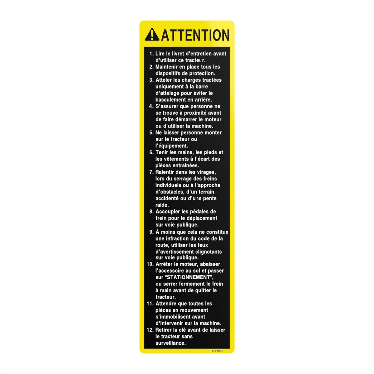 R571990: Fits John Deere R571990 Caution Label, French – Genuine OEM
