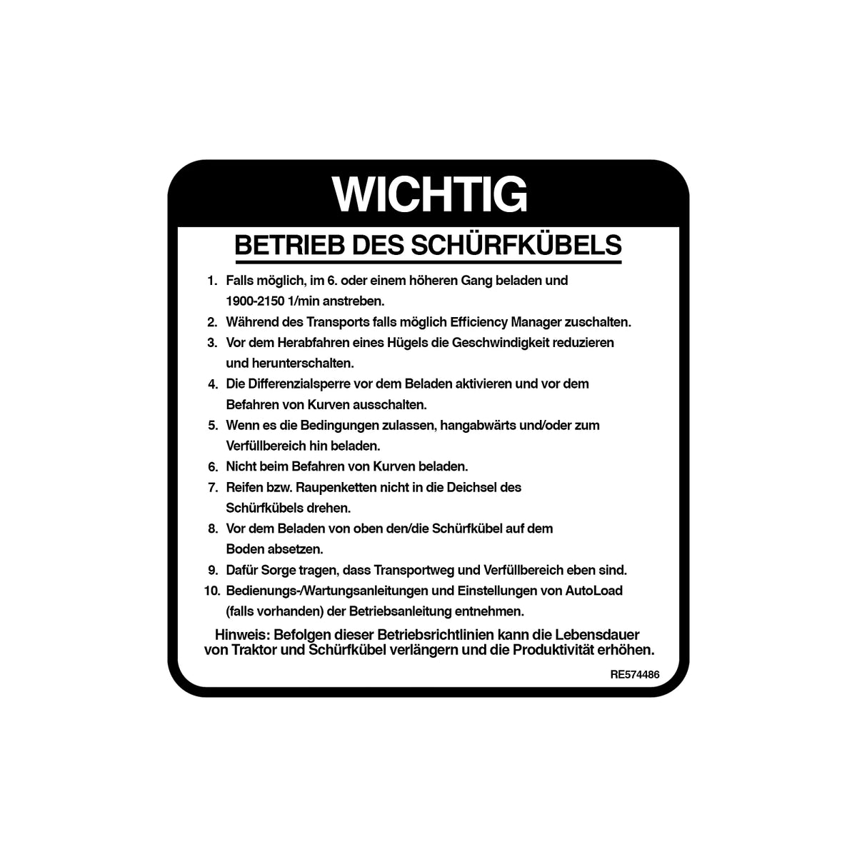 RE574486: Fits John Deere RE574486 Scraper Operation Label, German – Genuine OEM