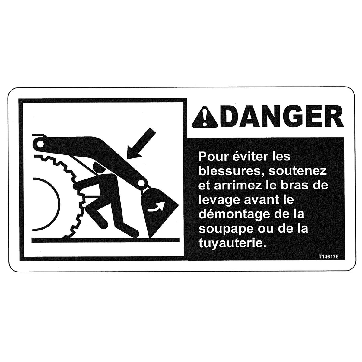 T146178: Fits John Deere T146178 Safety Sign, Crushing Boom Danger, French – Genuine OEM
