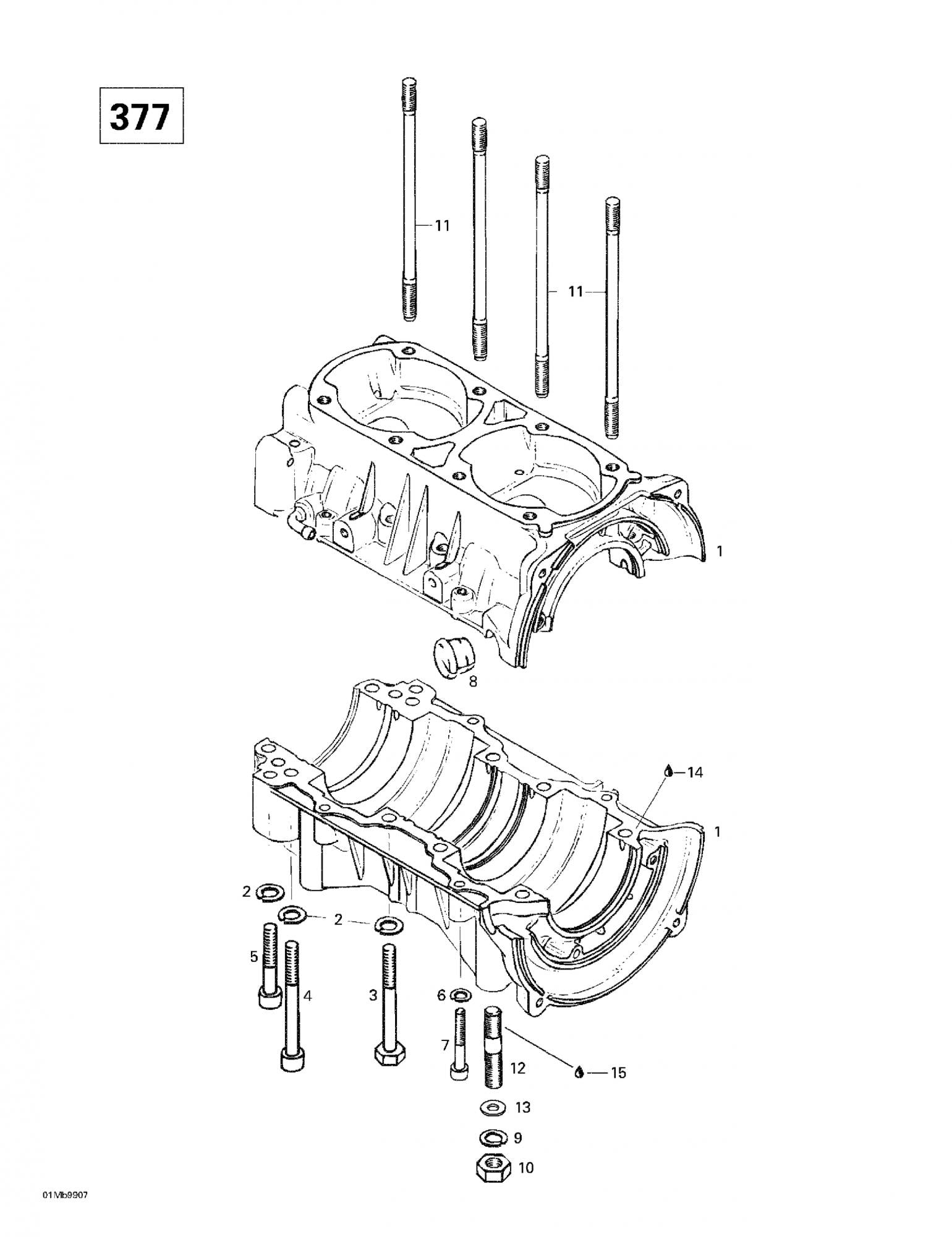 Fits 1996-2007 Ski-Doo Formula Deluxe 380 F / Formula Deluxe 380/500 Models Crankcase Ass'y Includes 1 To 7, OEM Part # 420888483