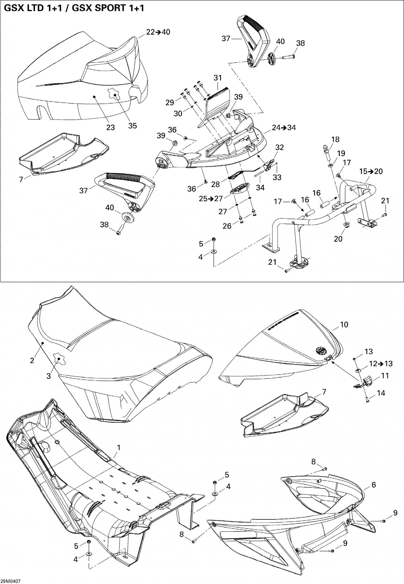 Fits 2004 Ski-Doo GSX 500SS / GSX 600 HO Models Lower Support Includes Items 15 To 20 / GSX Sport 1+1, OEM Part # 510004220