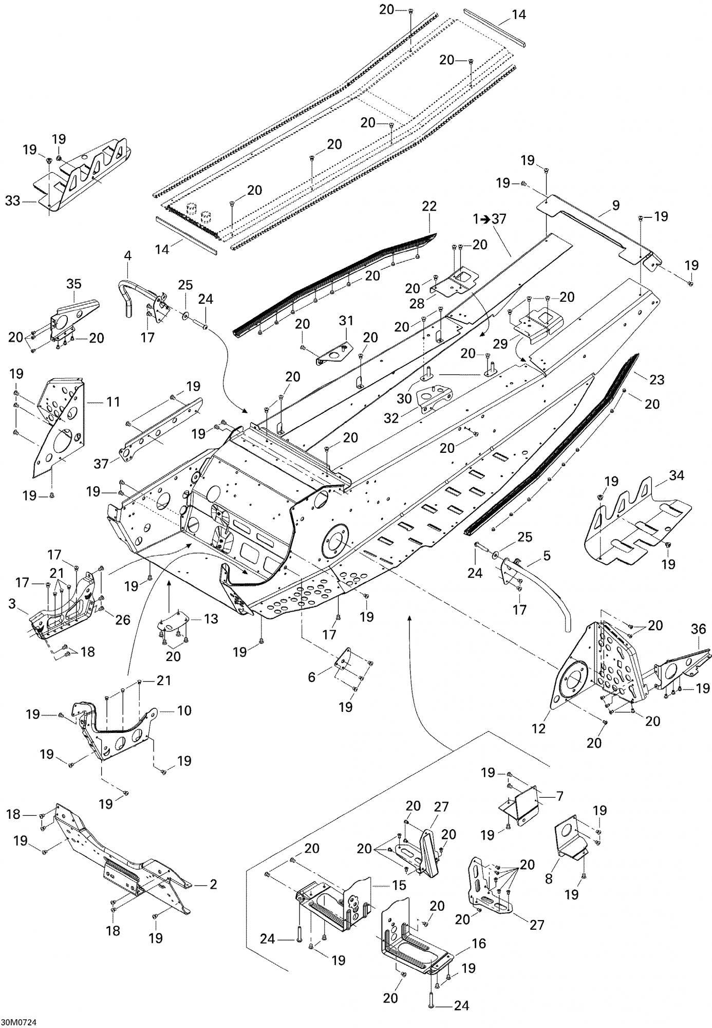 Fits 2007 Ski-Doo MX Z XRS 600 HO SDI / MX Z XRS 800 HO PTEK Center Reinforcement, OEM Part # 518325242