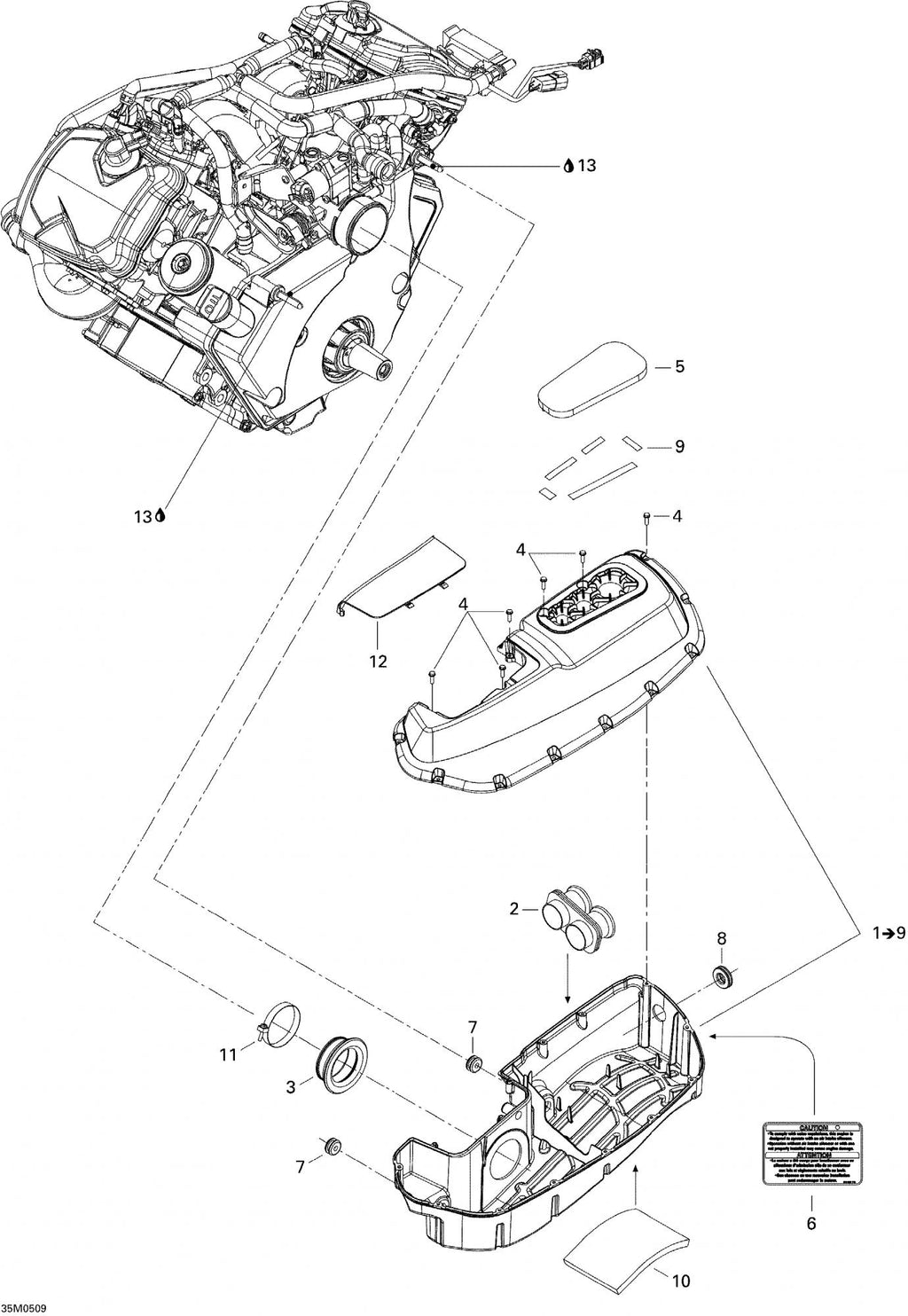 Fits 2003-2005 Ski-Doo Grand Touring V-1000 / Legend V-1000 Air Intake Ass’y Includes 1 To 9, OEM Part # 508000315