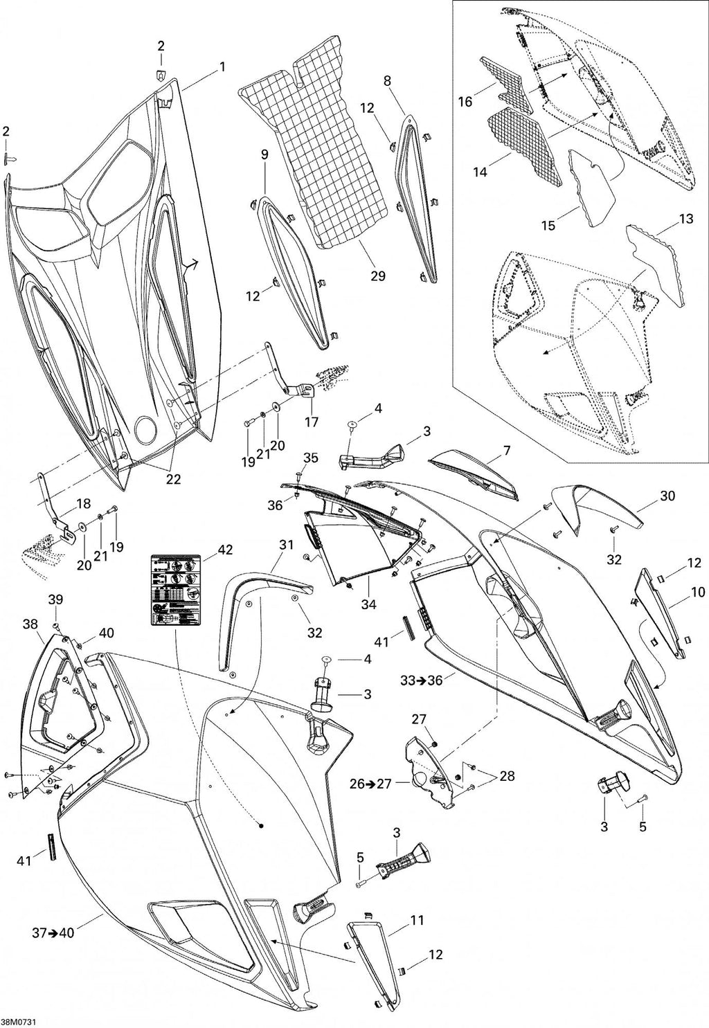 Fits 2005-2007 Ski-Doo Mach Z 1000 SDI Adrenaline & X / MACH Z Adrenaline Models LH Panel Ass'y Includes 37 To 40, OEM Part # 517303359