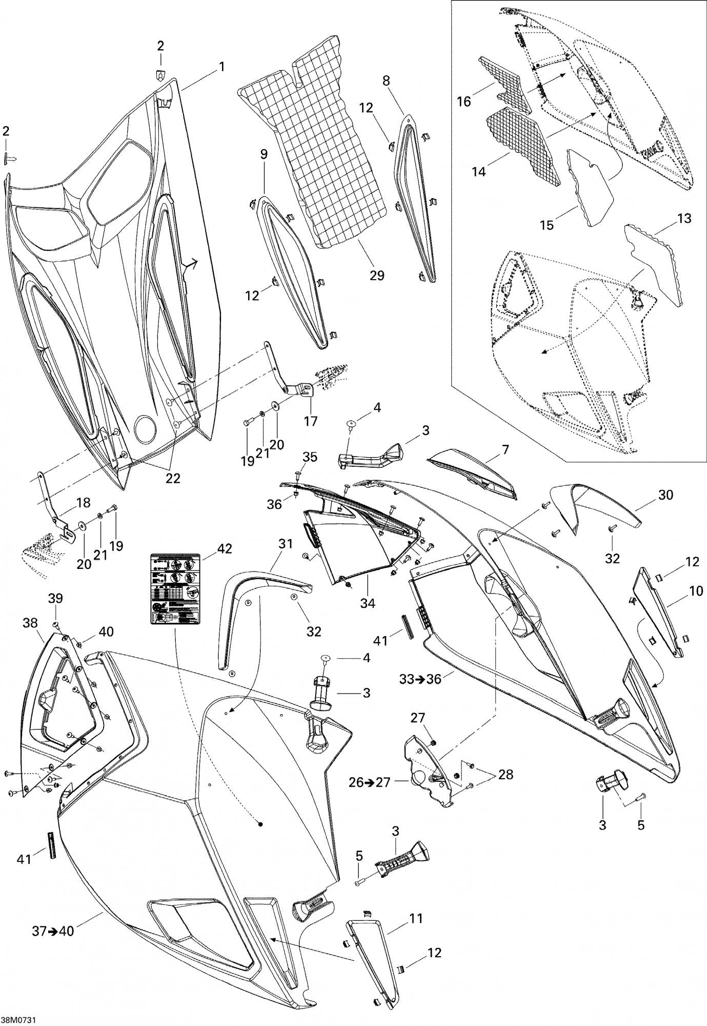 Fits 2005-2007 Ski-Doo Mach Z 1000 SDI Adrenaline & X / MACH Z Adrenaline Models LH Panel Ass'y Includes 37 To 40, OEM Part # 517303359