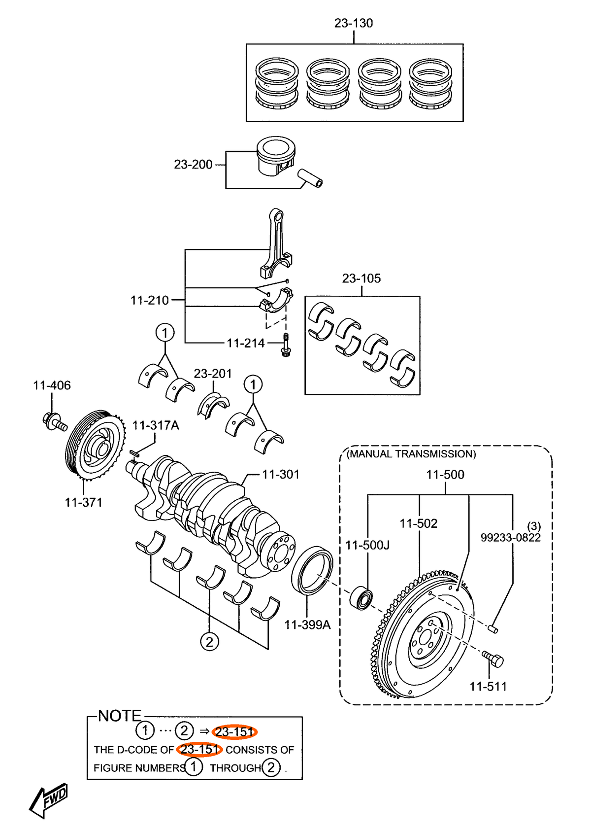 Mazda main bearing metal set ZJY2-11-SG0B — diagram reference 23-151 with high-contrast orange ovals