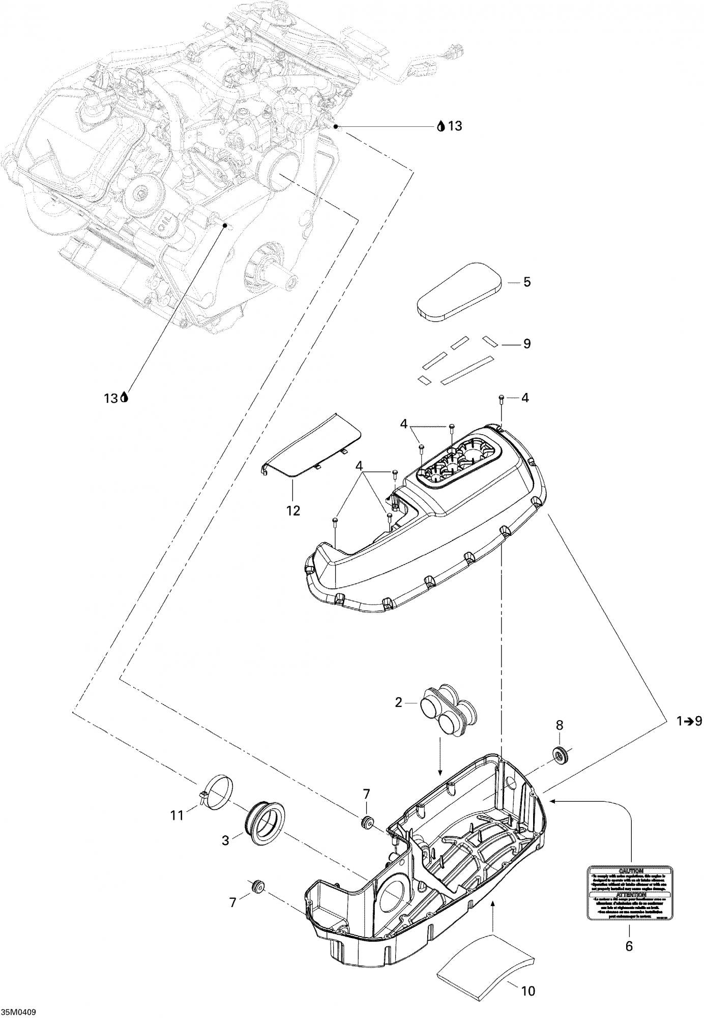 Fits 2003-2005 Ski-Doo Grand Touring V-1000 / Legend V-1000 Air Intake Ass’y Includes 1 To 9, OEM Part # 508000315