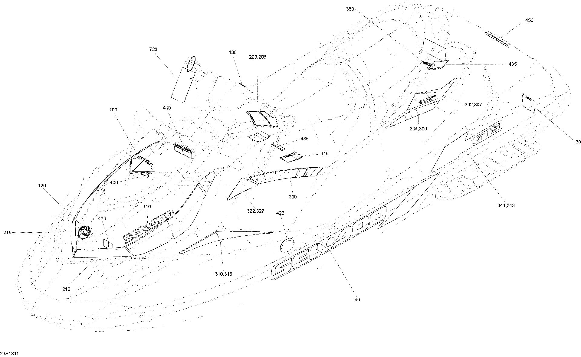 Fits 2018 Sea-Doo 1- GTS 90 Decal, SIDE Front LEFT, OEM Part # 219905082 - schematic diagram