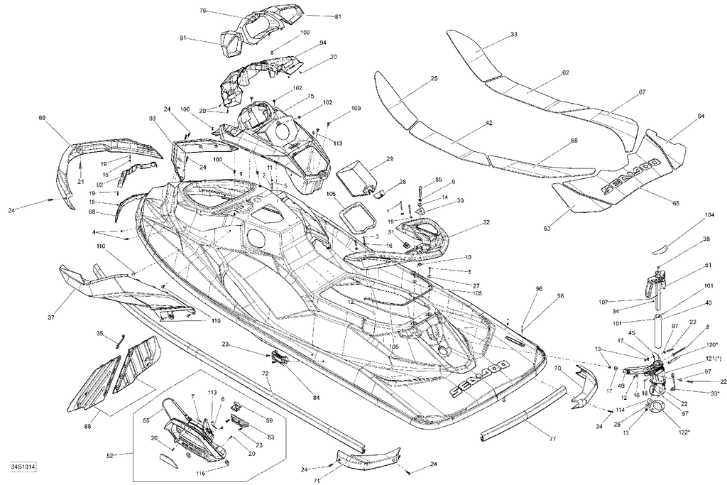 Fits 2011-2013 Sea-Doo WAKE 155 / GTI 130 RH Cosmetic Panel Viper RE, OEM Part # 269501827 - schematic diagram