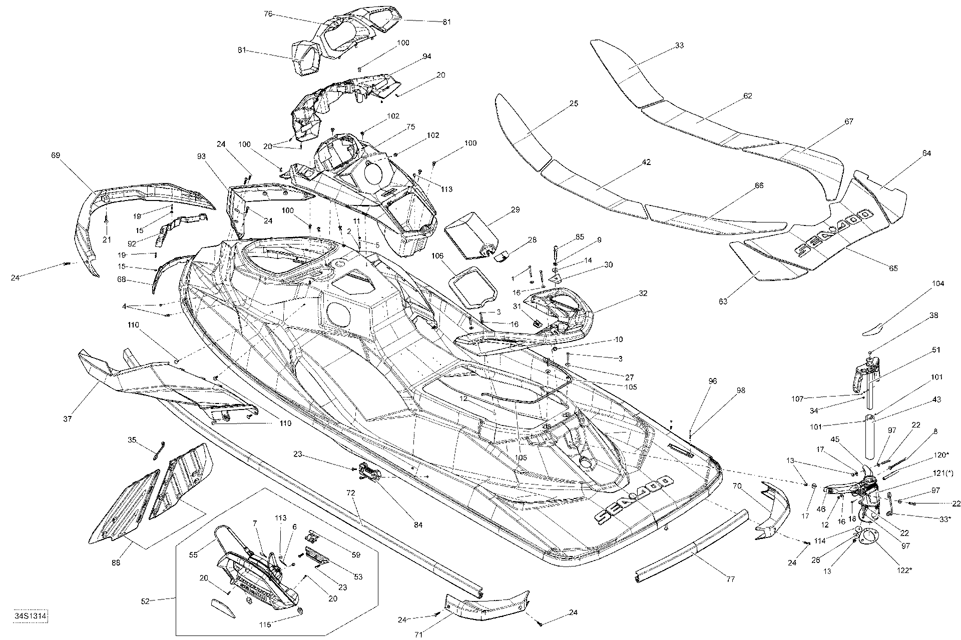 Fits 2011-2013 Sea-Doo WAKE 155 / GTI 130 RH Cosmetic Panel Viper RE, OEM Part # 269501827 - schematic diagram