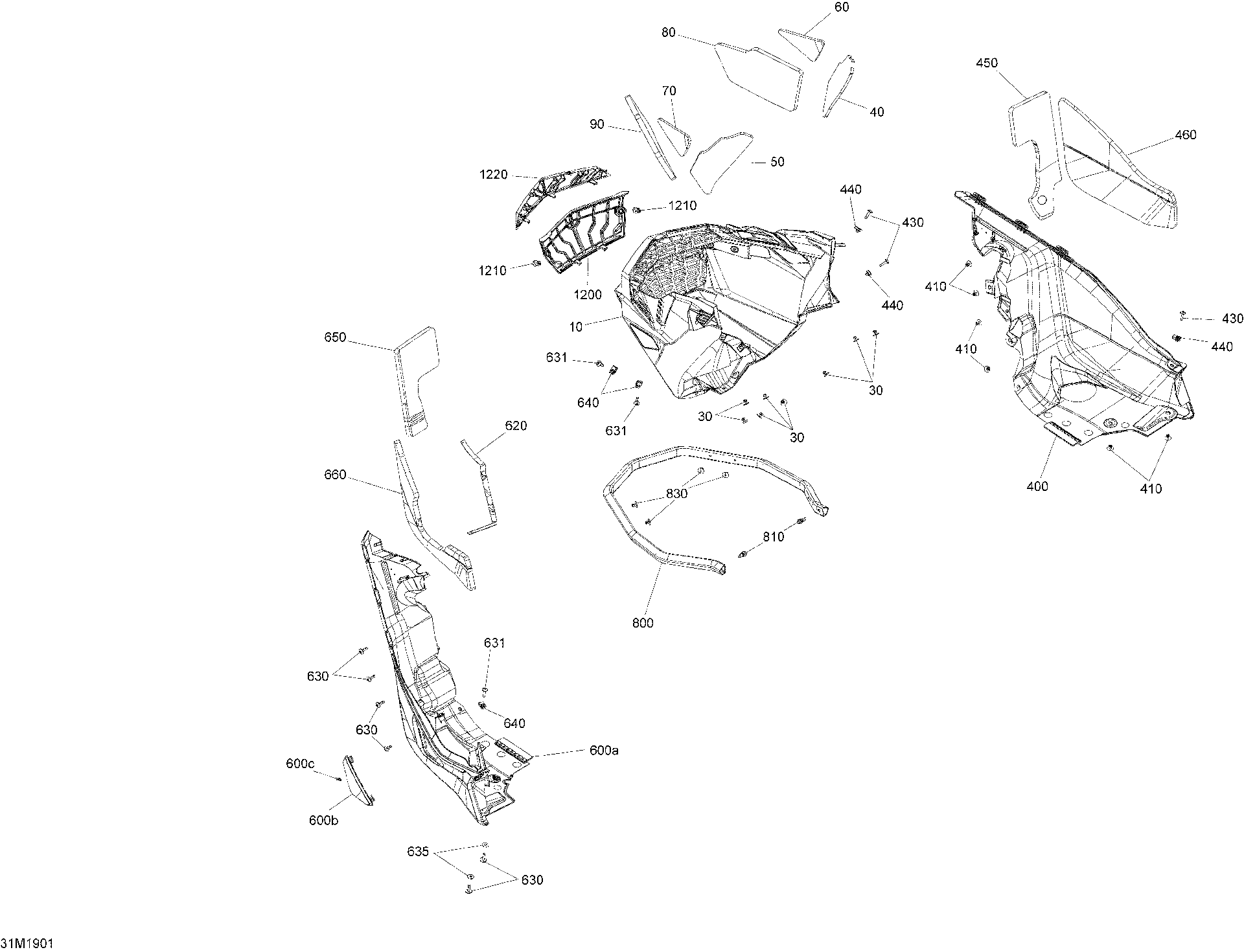 Fits 2017-2019 Ski-Doo 002 - BACKCOUNTRY 850 E-TEC / 002 - MXZ 600R E-TEC Front Bottom PAN LOGO, OEM Part # 502007645 - schematic diagram