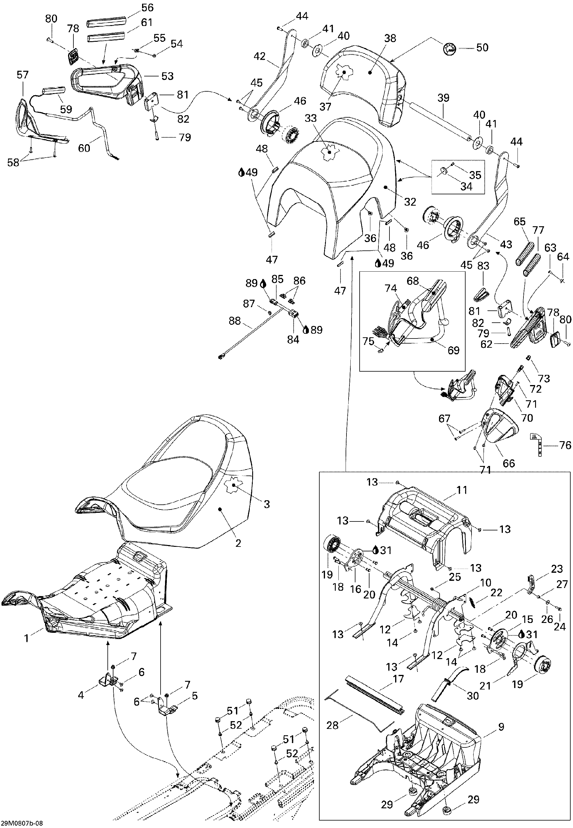 Fits 2008 Ski-Doo GTX SPORT 500SS / GTX SPORT 600 HO SDI REAR SEAT Cover Black B-16, OEM Part # 510004555 - schematic diagram