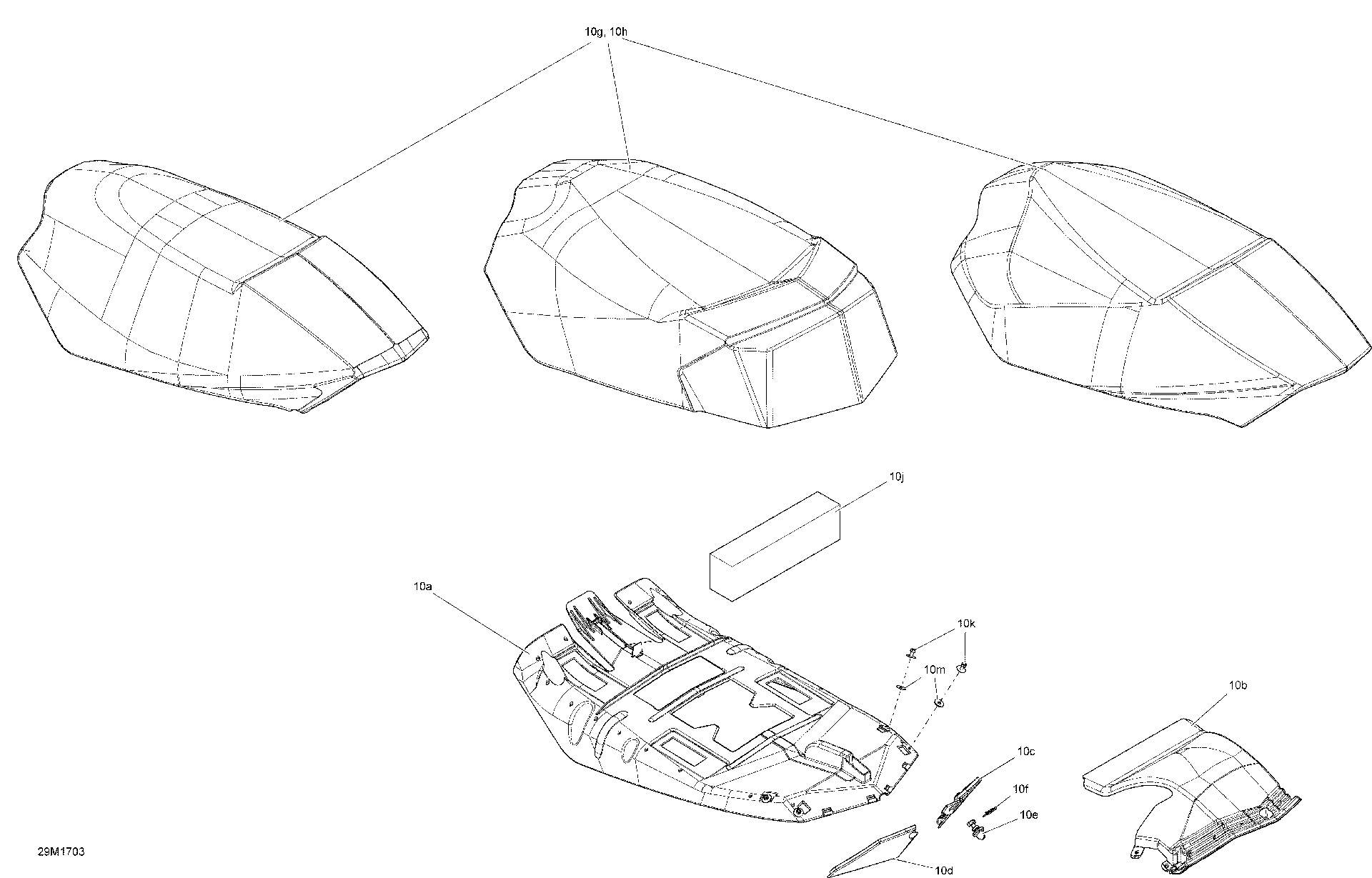 Fits 2013, 2014, 2017 Ski-Doo MXZ - 4-STROKE / MXZ SPORT 550F XP SEAT Cover, OEM Part # 510005677 - schematic diagram
