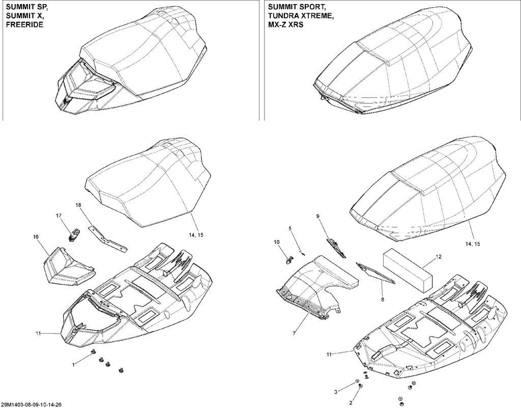 Fits 2014 Ski-Doo FREERIDE 137 / FREERIDE 146 SEAT Cover, OEM Part # 510005754 - schematic diagram