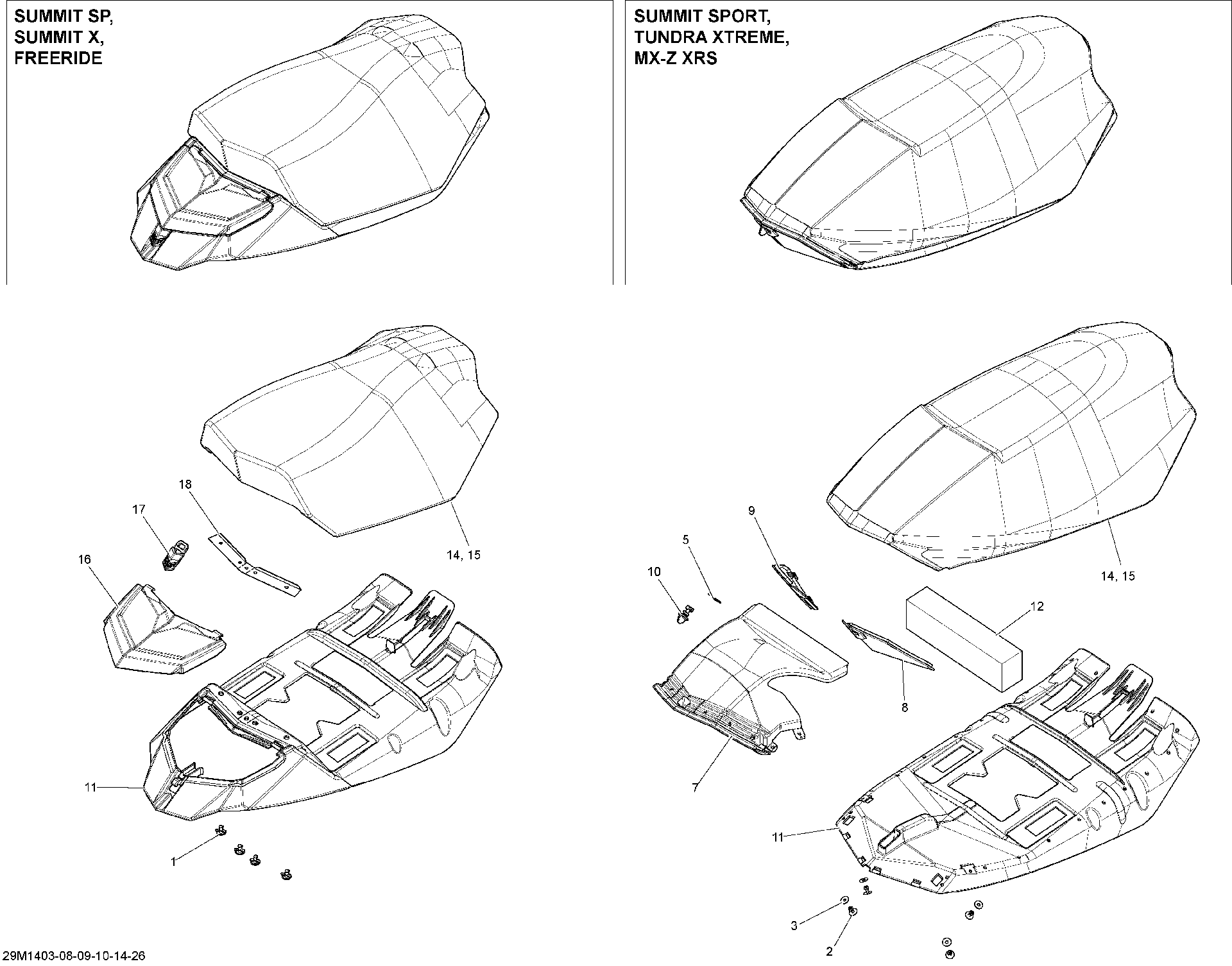 Fits 2014 Ski-Doo FREERIDE 137 / FREERIDE 146 SEAT Cover, OEM Part # 510005754 - schematic diagram