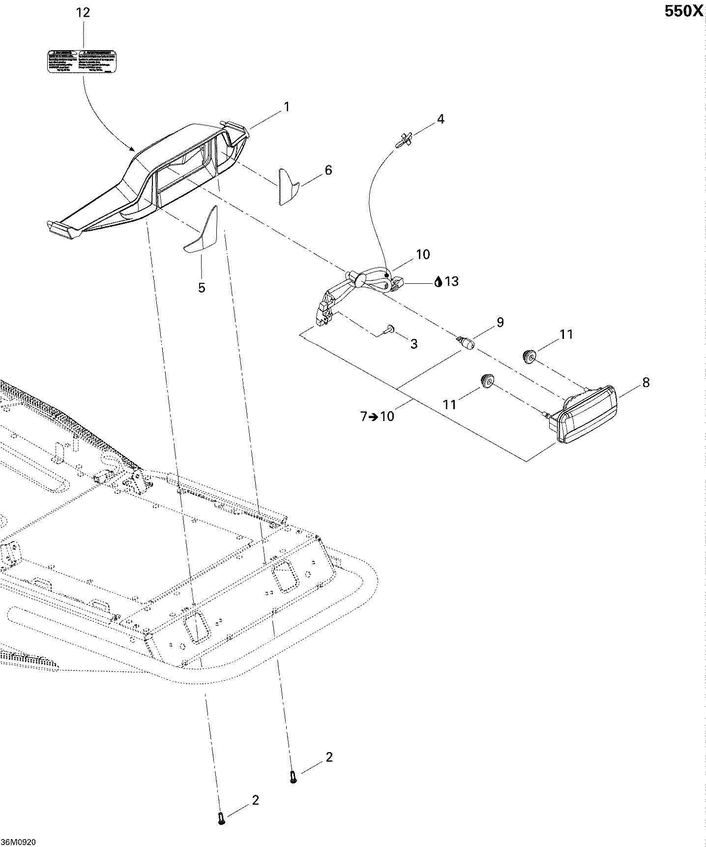 Fits 2008-2009 Ski-Doo MX Z 550X / Summit Adrenaline 600HO SDI REAR Reflector, OEM Part # 511000459 - schematic diagram
