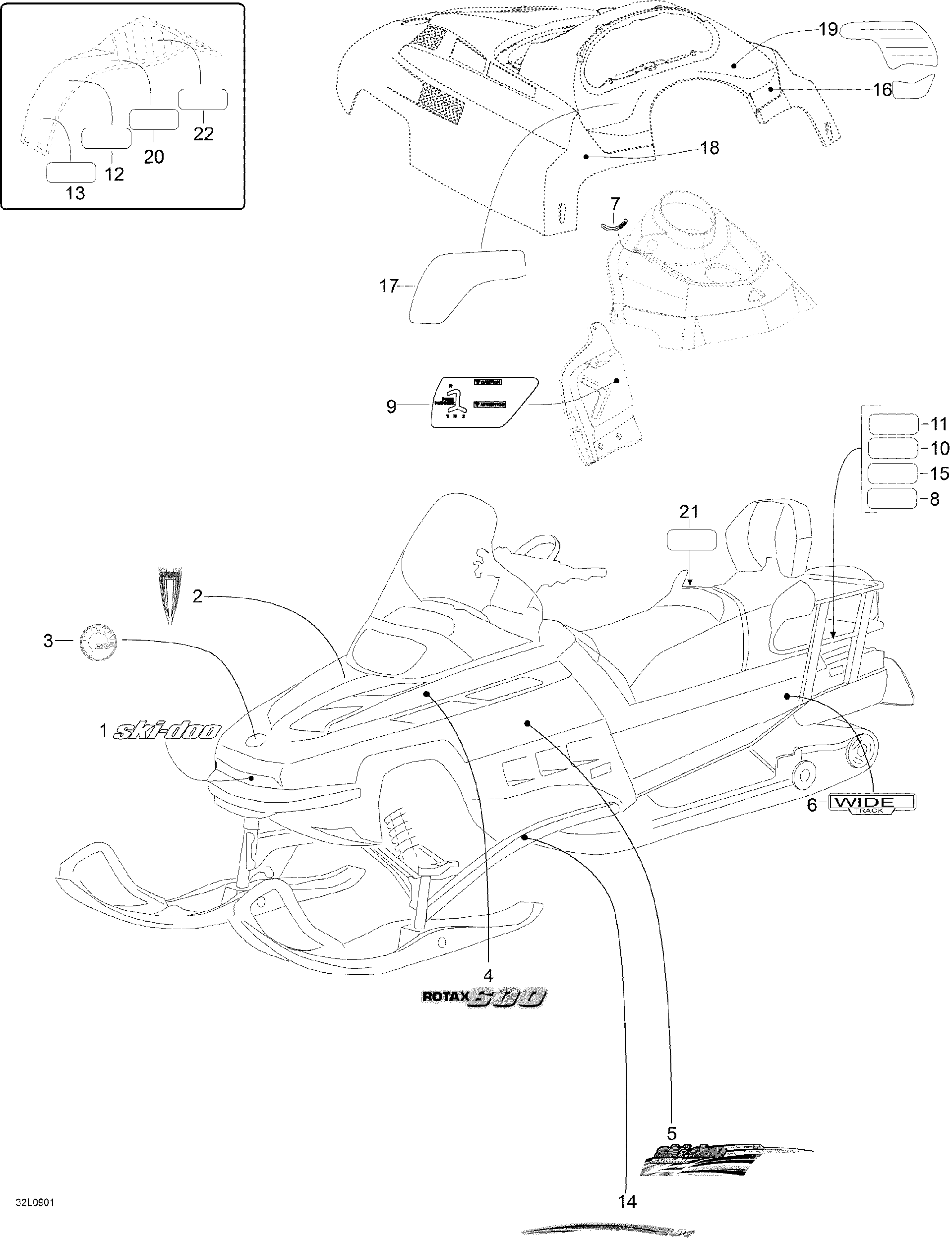 Fits 2009 Ski-Doo Skandic SUV 600 Europe DESS Decal, OEM Part # 516001335 - schematic diagram