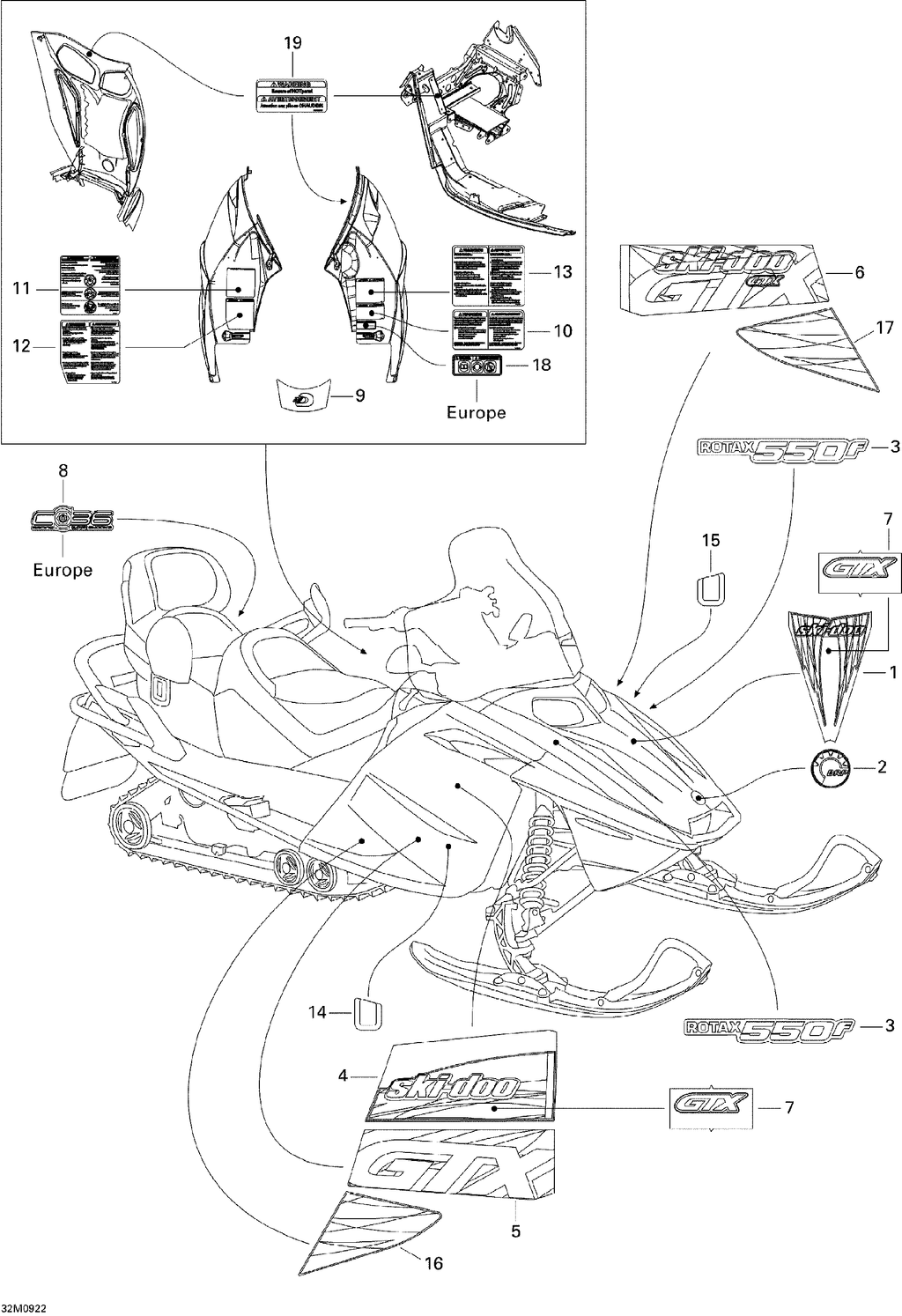Fits 2008-2009 Ski-Doo GTX Fan / MX Z 550X Suspension Decal, OEM Part # 516002548 - schematic diagram