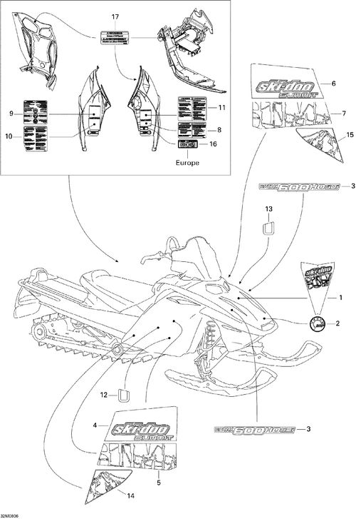 Fits 2008 Ski-Doo Summit Adrenaline 600HO SDI Decal Lower SIDE LH, OEM Part # 516003105 - schematic diagram