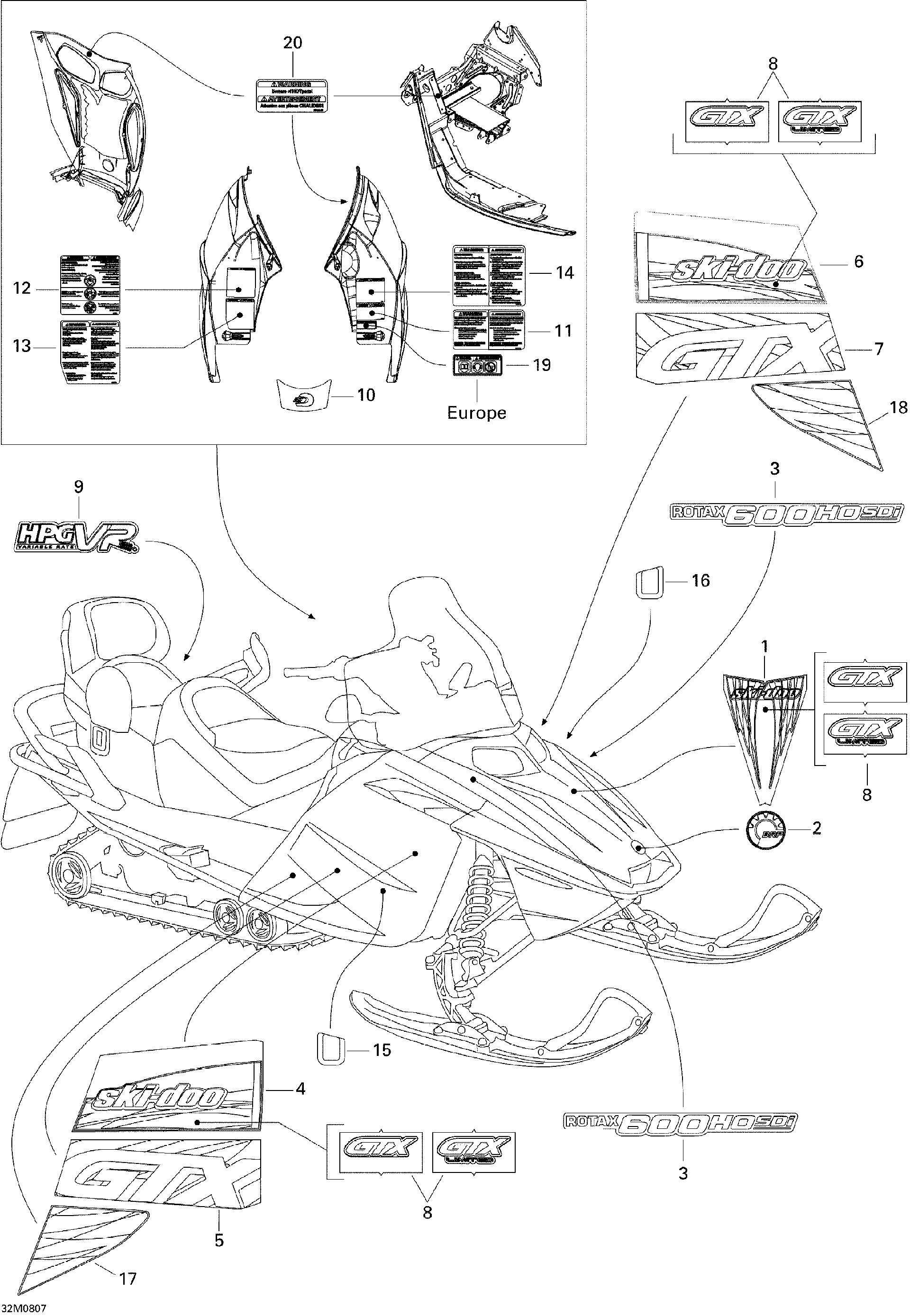 Fits 2008 Ski-Doo GTX LTD 600 HO SDI Decal SIDE LH, OEM Part # 516003127 - schematic diagram