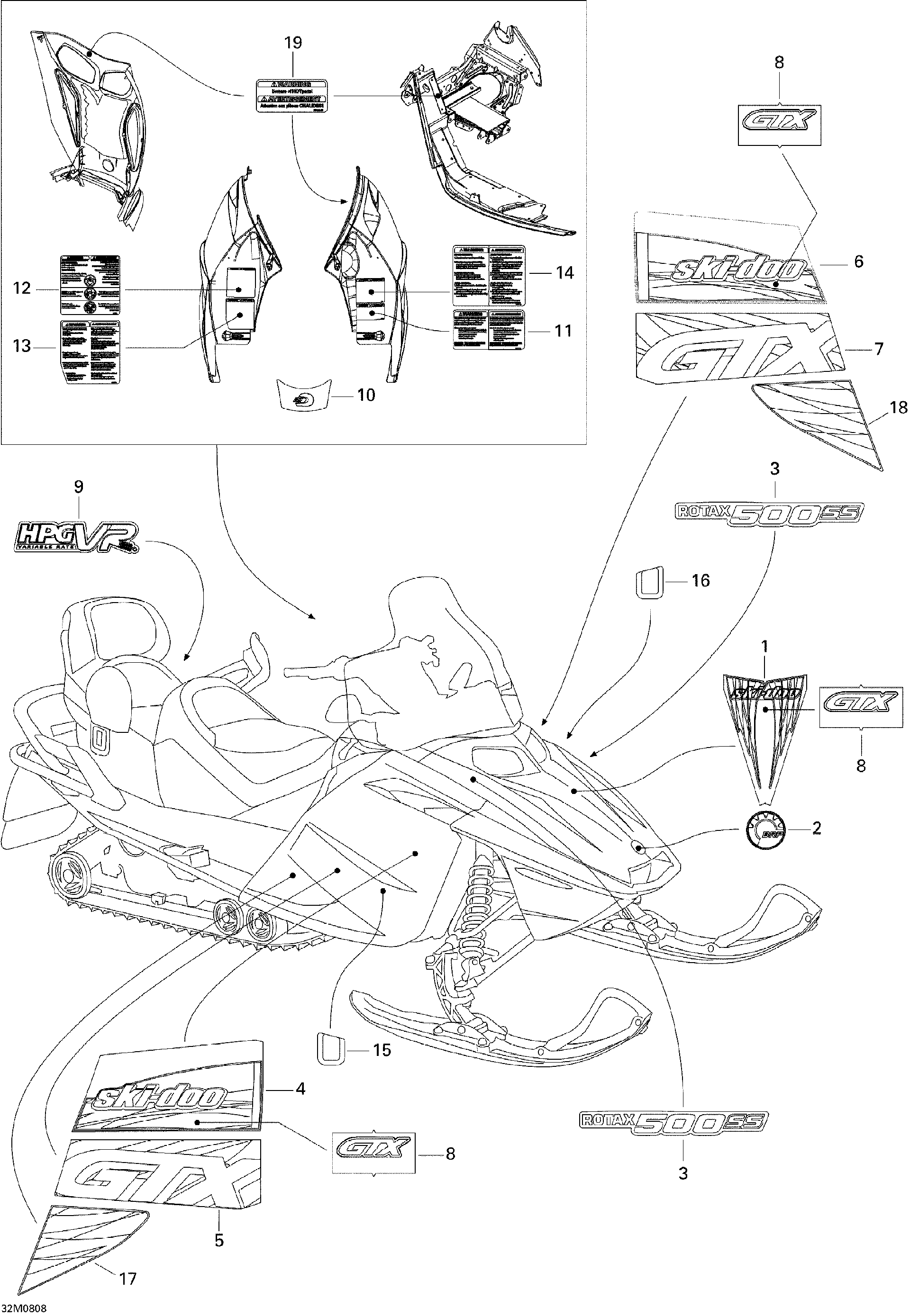 Fits 2008 Ski-Doo GTX SPORT 500SS / GTX SPORT 600 HO SDI Decal Lower SIDE LH, OEM Part # 516003148 - schematic diagram