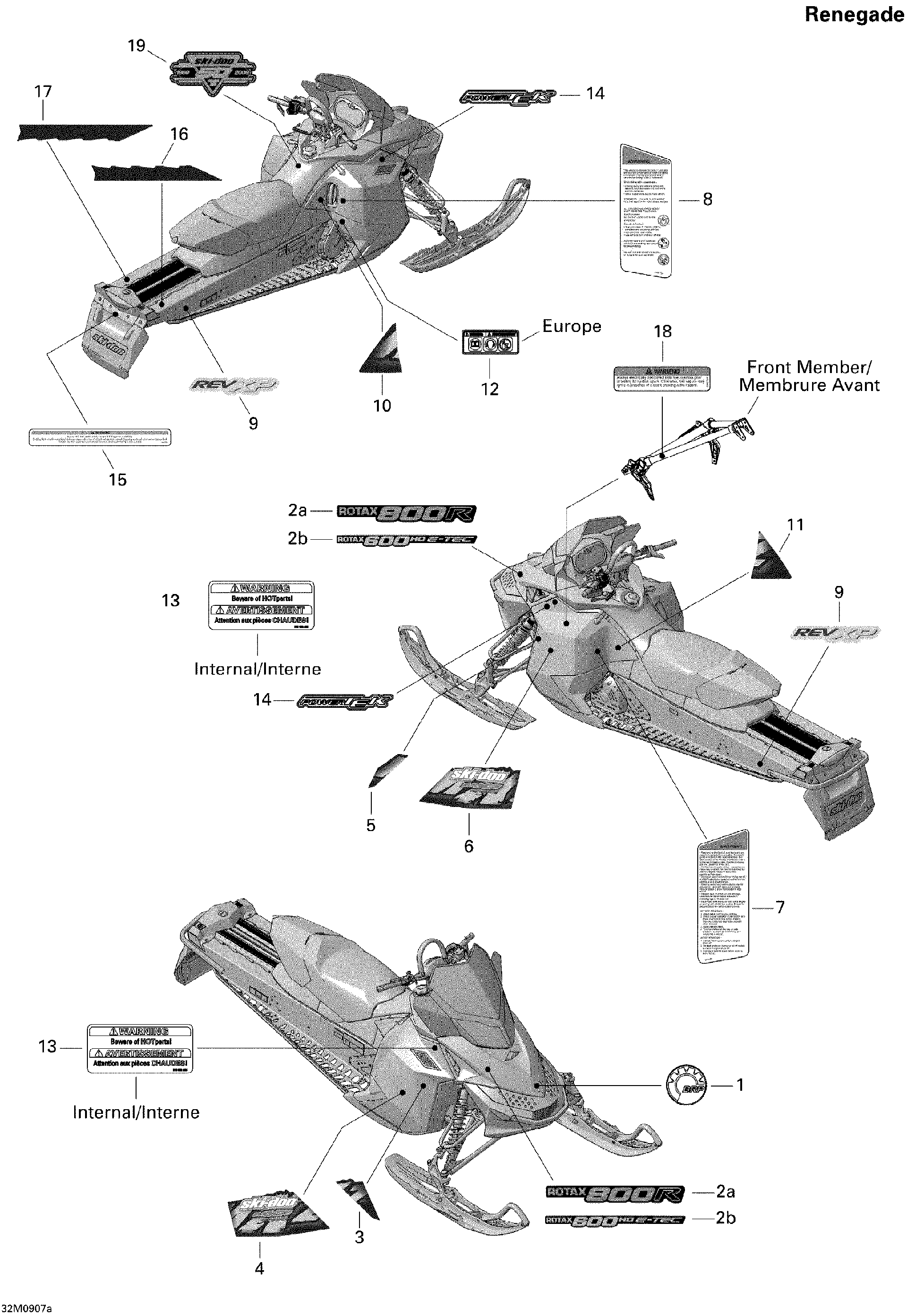 Fits 2009 Ski-Doo MX Z Renegade 600 H.O. E-TEC / MX Z Renegade 800R Power T.E.K. RH Lower Decal, OEM Part # 516003642 - schematic diagram