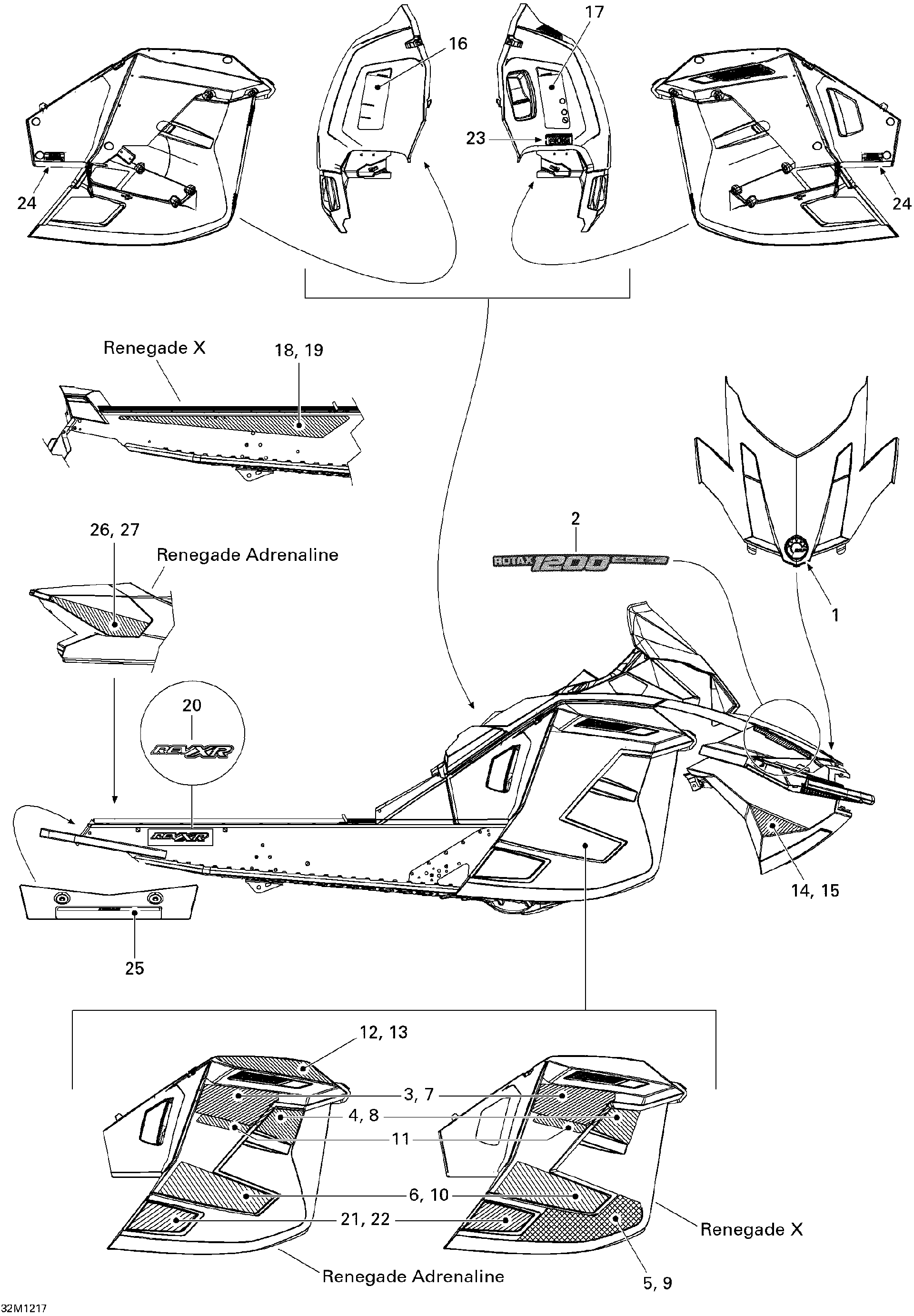 Fits 2012 Ski-Doo Renegade X & Adrenaline XR LH Front SIDE Decal, OEM Part # 516004872 - schematic diagram
