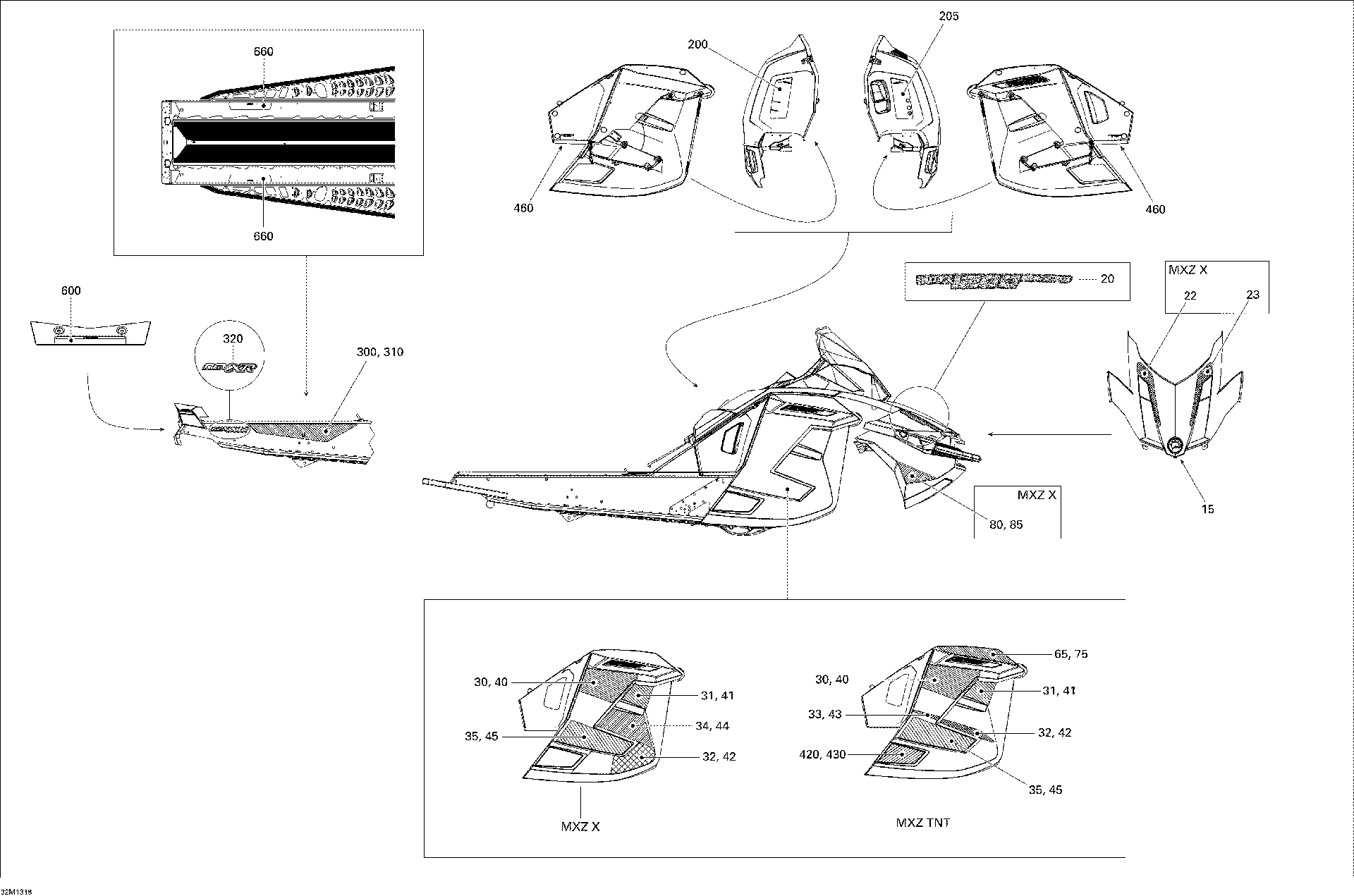 Fits 2013 Ski-Doo MXZ X & TNT XR / RENEGADE X & ADRENALINE XR LH Bottom PAN, OEM Part # 516005401 - schematic diagram