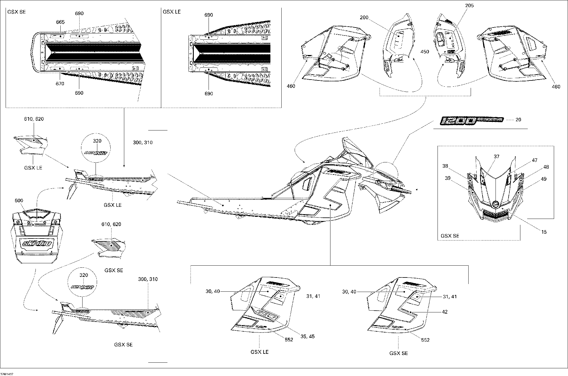 Fits 2013-2014 Ski-Doo GSX SE 12004TEC XR / GSX SE 600HOE XR LH Upper HOOD Decal, OEM Part # 516005439 - schematic diagram
