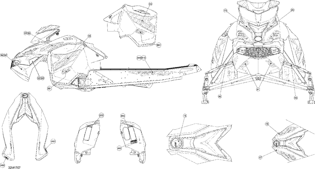 Schematic diagram for Fits 2015-2017 Ski-Doo MXZ 600 RS / MXZ X-RS 600HOE XS RS Bottom Pan Decal, Rs, OEM Part # 516006812
