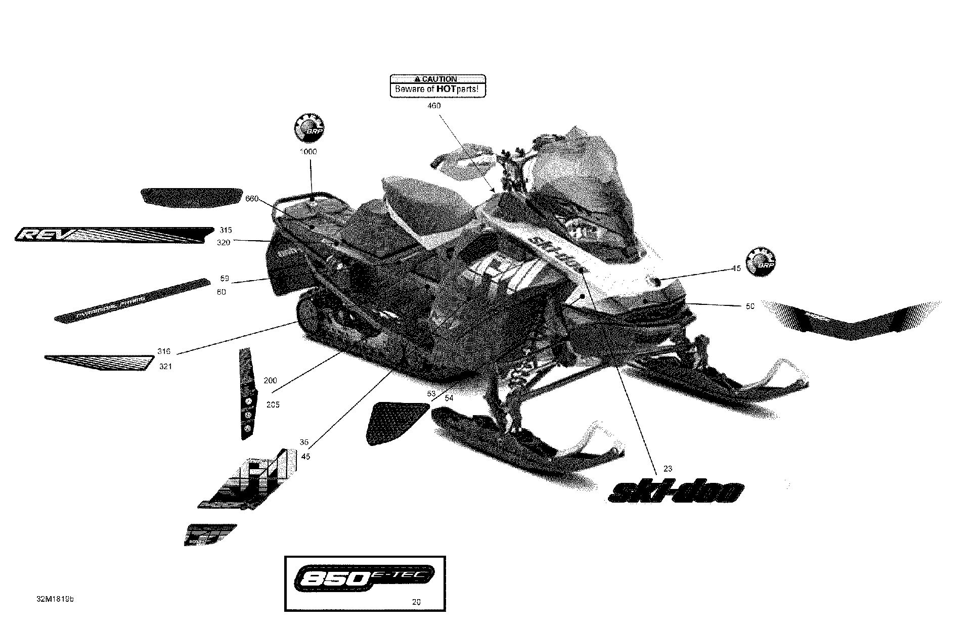 Fits 2017-2018 Ski-Doo 4- MXZ 850 E-TEC / MXZ - 2-STROKE - 850 E-TEC LH SIDE Decal, OEM Part # 516007600 - schematic diagram