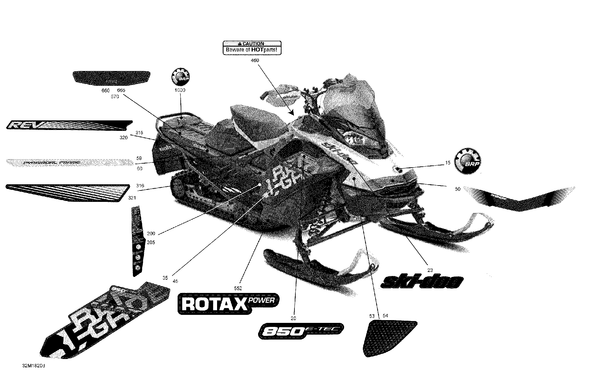 Fits 2018 Ski-Doo 5- RENEGADE 850 E-TEC Front Decal, HOOD, OEM Part # 516008317 - schematic diagram