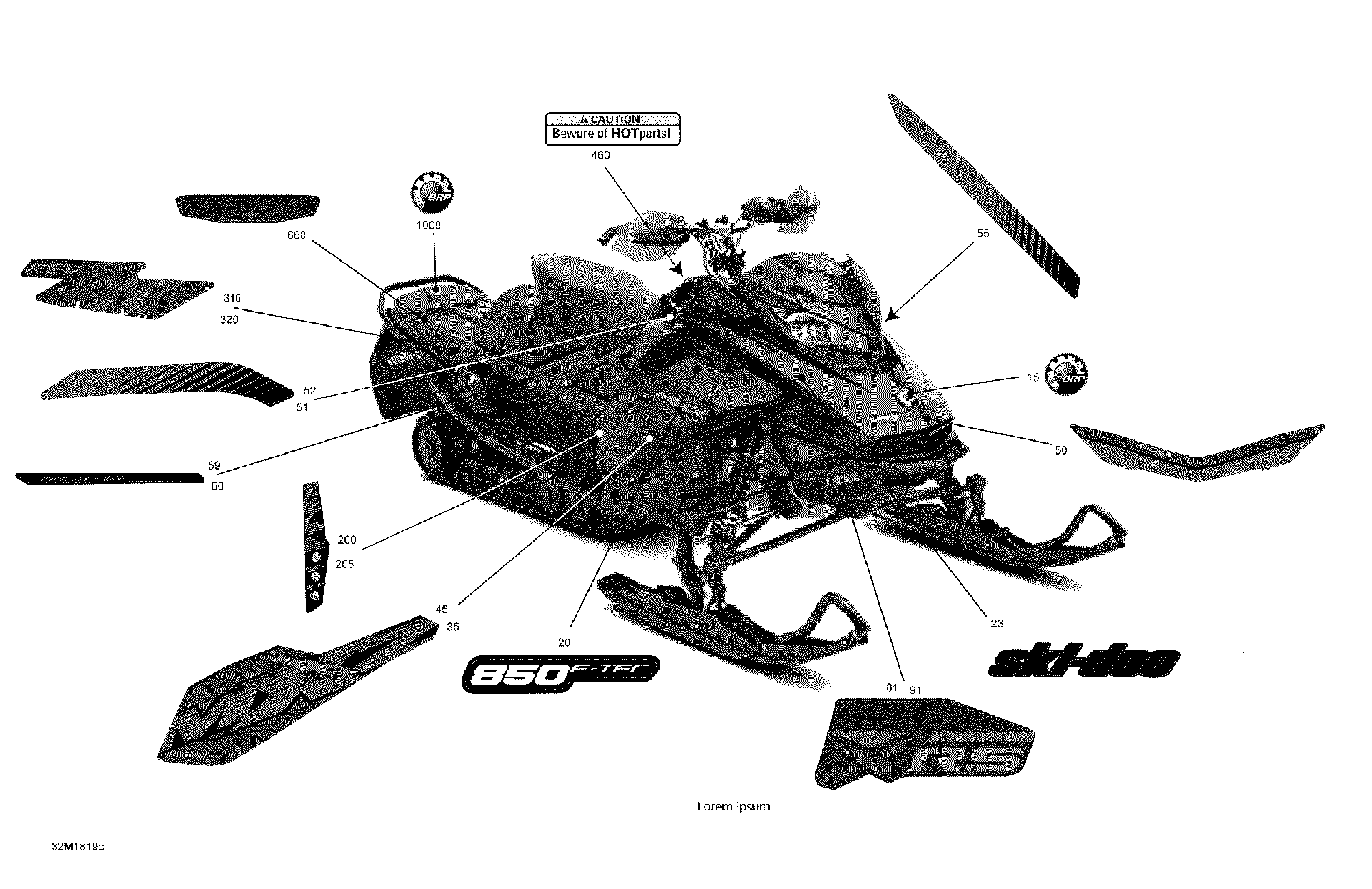 Fits 2018 Ski-Doo 4- MXZ 850 E-TEC LH SIDE Decal, OEM Part # 516008378 - schematic diagram