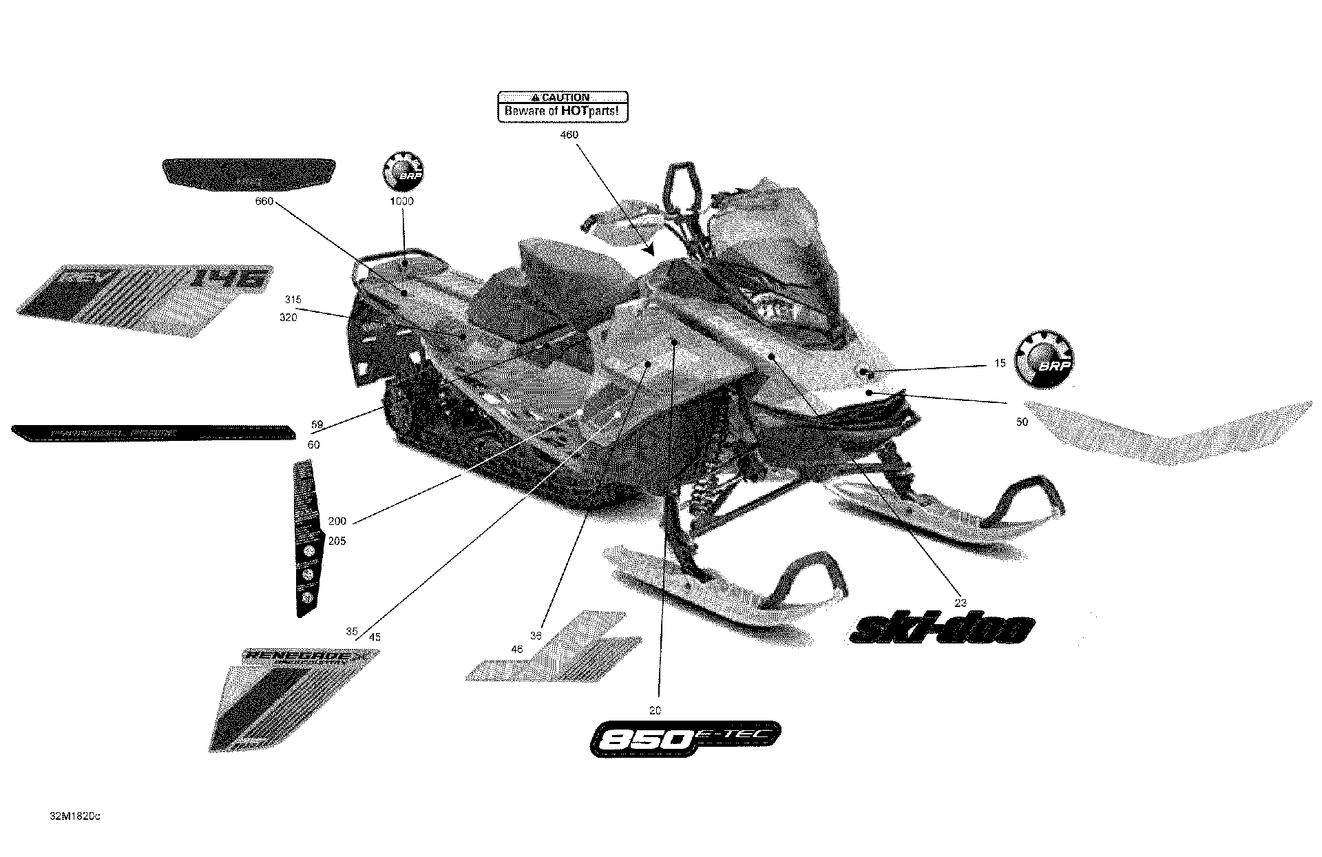 Fits 2018 Ski-Doo 5- RENEGADE 850 E-TEC Front Decal, HOOD, OEM Part # 516008393 - schematic diagram