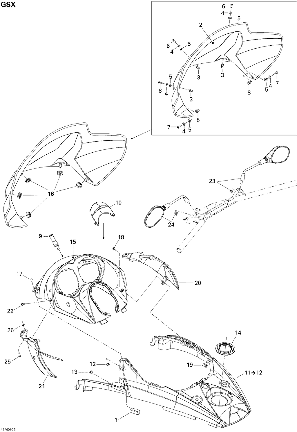 Fits 2008-2009 Ski-Doo GSX Fan / GTX Fan RH Mirror ASM, OEM Part # 517303629 - schematic diagram