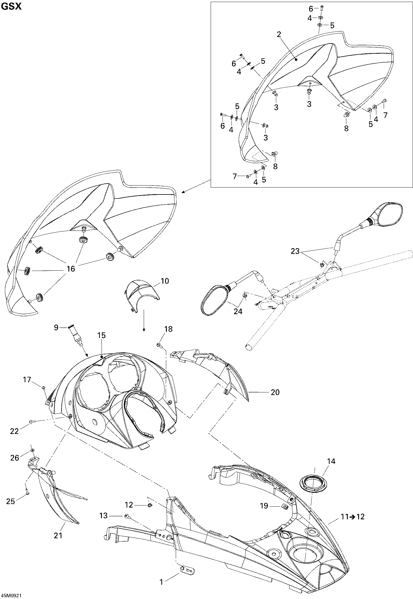 Fits 2008-2009 Ski-Doo GSX Fan / GTX Fan LH Mirror ASM, OEM Part # 517303630 - schematic diagram