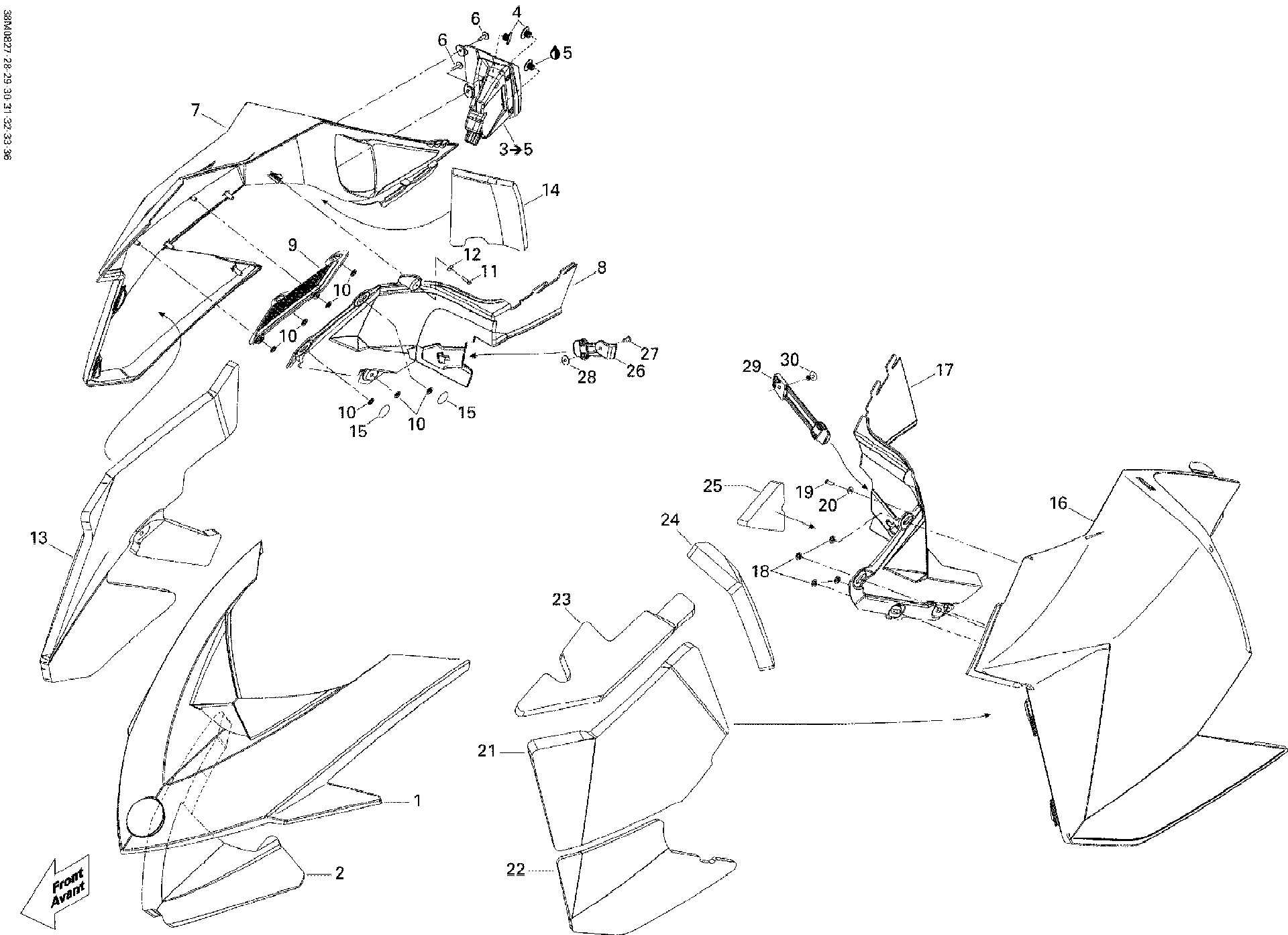 Fits 2008-2009 Ski-Doo MX Z TNT 600 H.O. E-TEC (MJ9A / MX Z 600RS Panel BODY LH B-281, OEM Part # 517303934 - schematic diagram