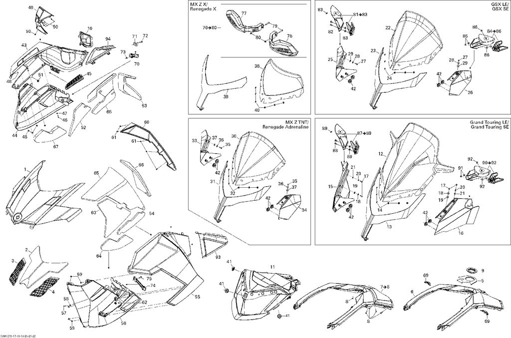 Fits 2009, 2010, 2012 Ski-Doo MXZ X & TNT XR / MX Z Adrenaline 1200 HOOD Yellow, OEM Part # 517304035 - schematic diagram