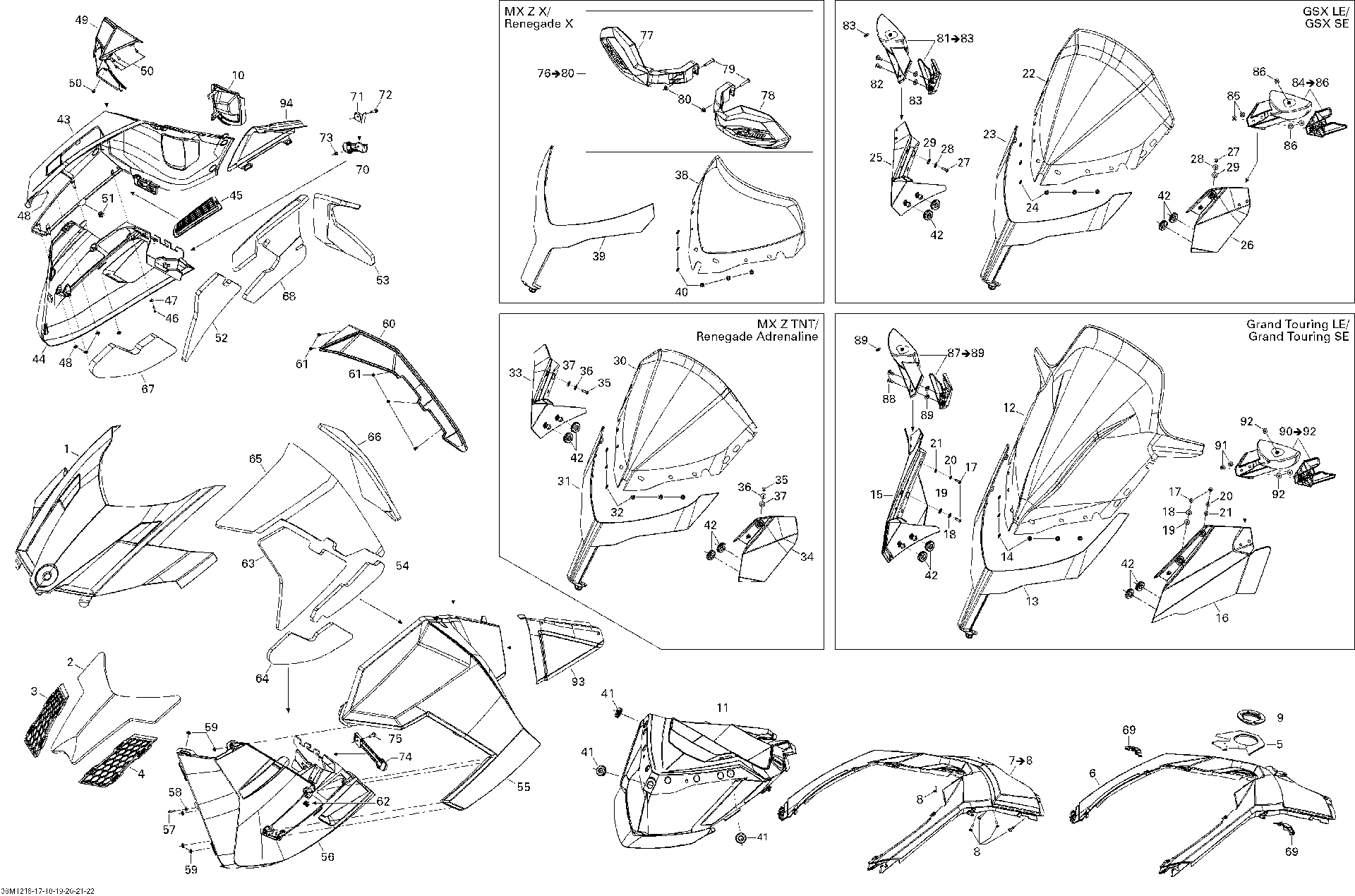 Fits 2009, 2010, 2012 Ski-Doo MXZ X & TNT XR / MX Z Adrenaline 1200 HOOD Yellow, OEM Part # 517304035 - schematic diagram