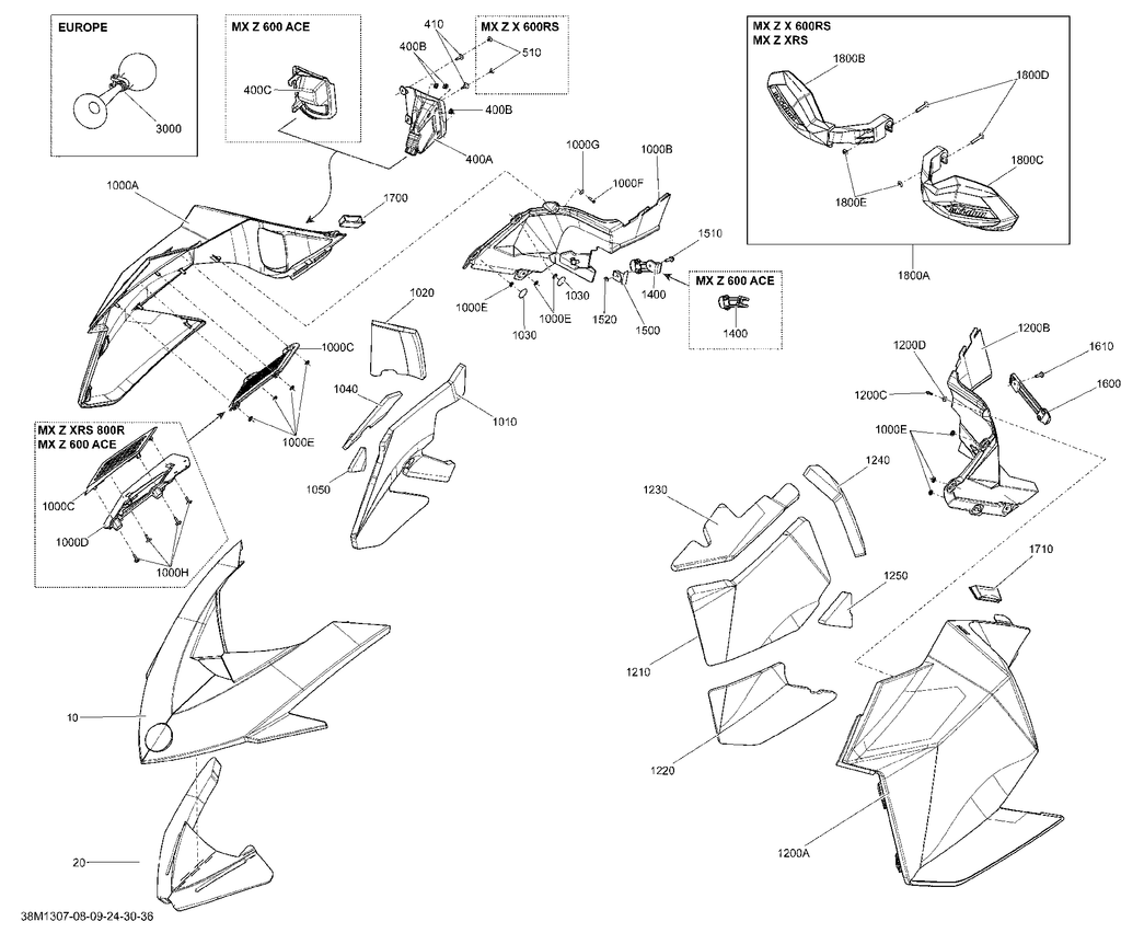 Fits 2009-2013 Ski-Doo MXZ XRS 600HOE / MXZ XRS 800RE XP Panel BODY RH B-160, OEM Part # 517304210 - schematic diagram