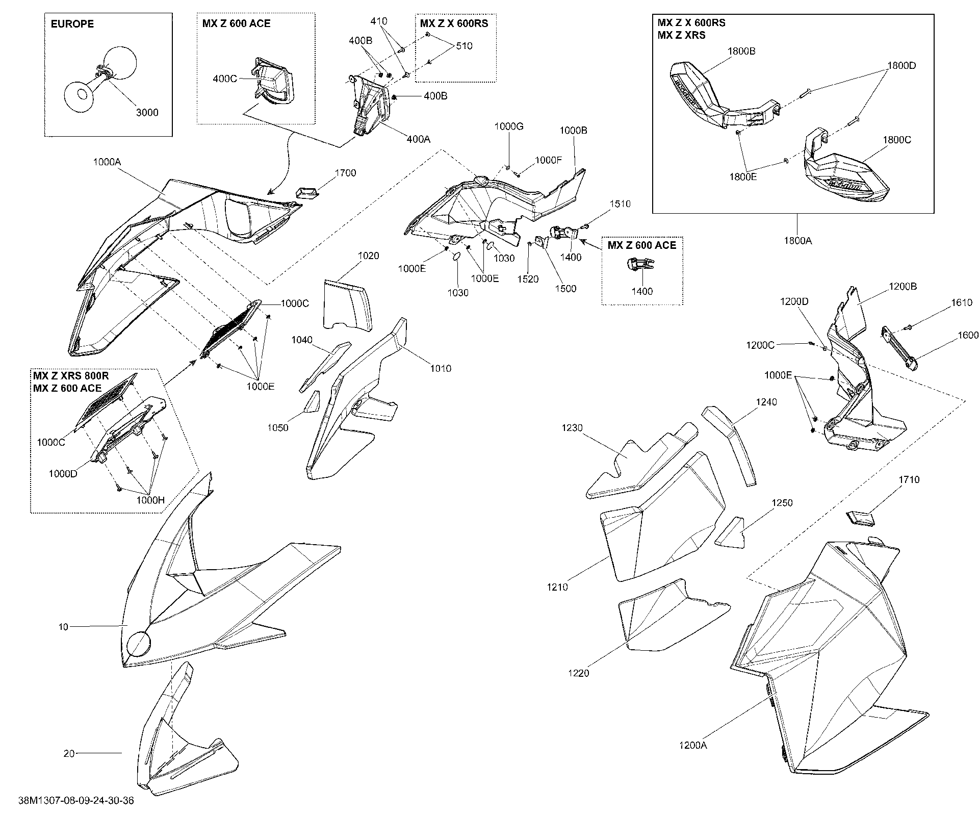 Fits 2009-2013 Ski-Doo MXZ XRS 600HOE / MXZ XRS 800RE XP Panel BODY RH B-160, OEM Part # 517304210 - schematic diagram