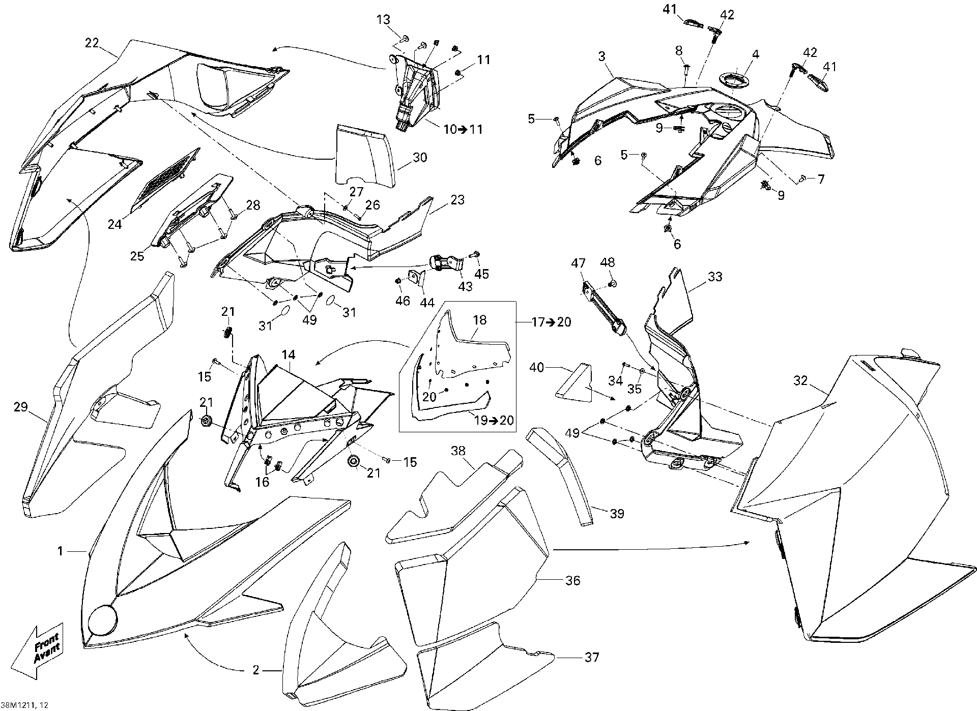 Fits 2010-2012 Ski-Doo Freeride 137 & 146 & 154 800RETEC XP / MXZ X 600HOETEC White RH Panel, OEM Part # 517304419 - schematic diagram