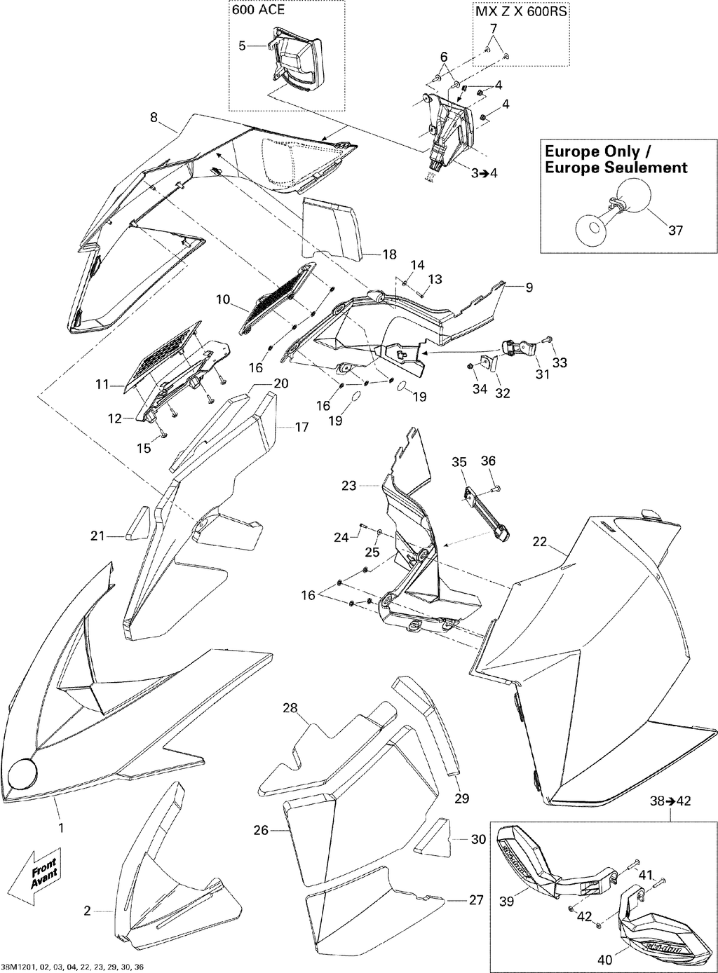 Schematic diagram for Fits 2010-2012 Ski-Doo MXZ Sport 550F XP-FAN / MXZ Sport 600ACE LFF RH Moulding Panel, OEM Part # 517304424