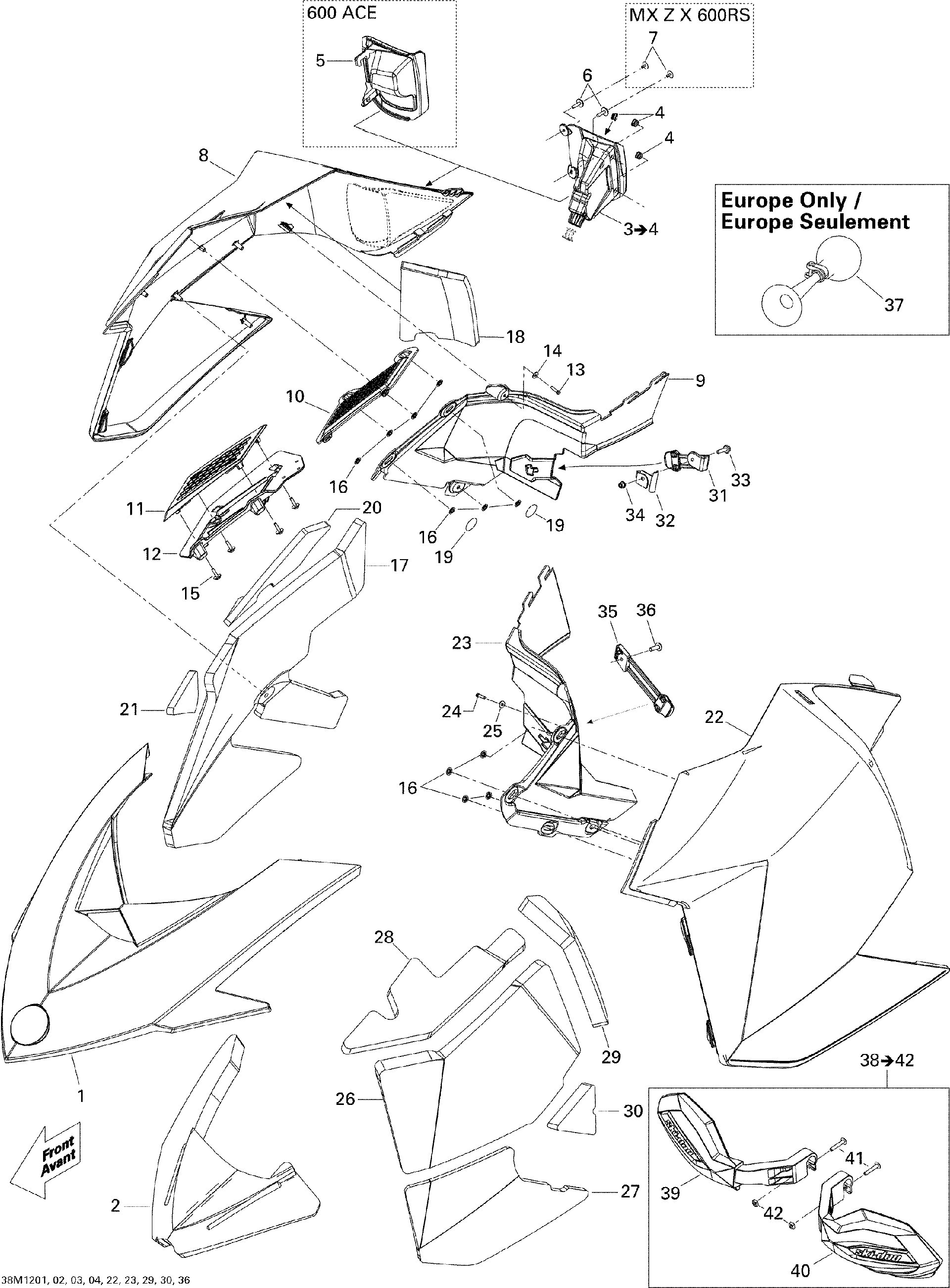 Fits 2010-2012 Ski-Doo MXZ Sport 550F XP-FAN / MXZ Sport 600ACE LFF LH Moulding Panel, OEM Part # 517304431 - schematic diagram
