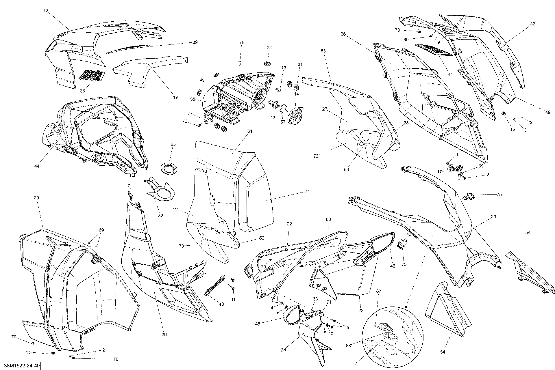 Fits 2011-2015 Ski-Doo Grand Touring LE 600HOETEC XR137 Central FOAM Panel RH, OEM Part # 517304894 - schematic diagram