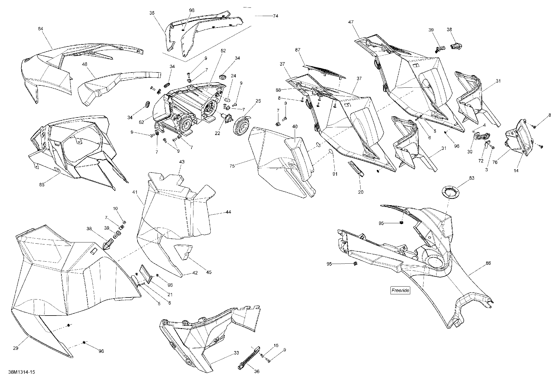 Fits 2013 Ski-Doo FREERIDE 137 / FREERIDE 154R Green LH Panel, OEM Part # 517305219 - schematic diagram