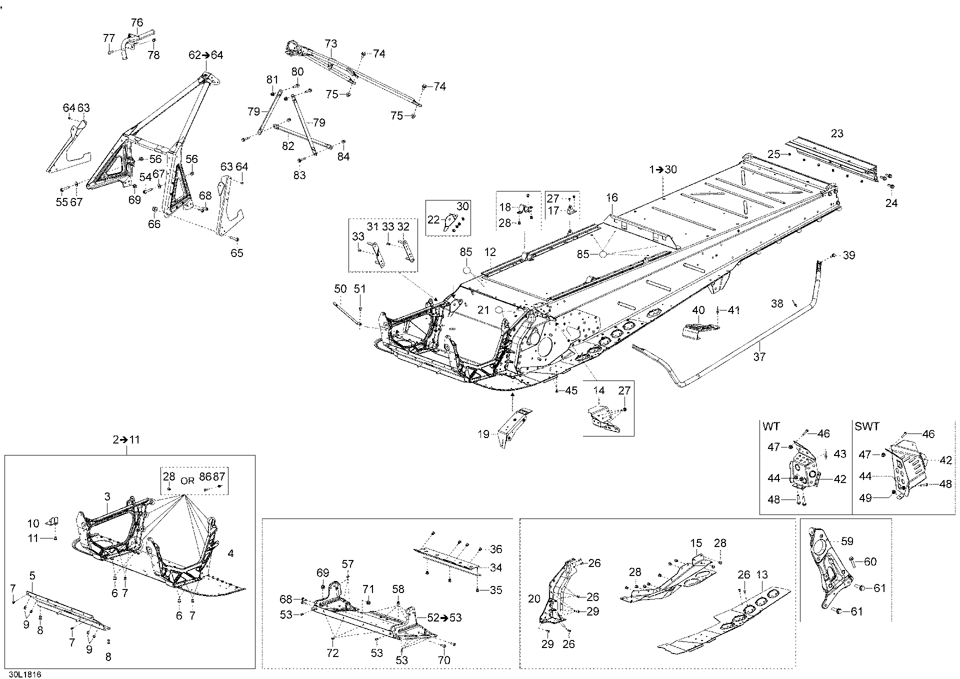 Fits 2010-2018 Ski-Doo 1- SKANDIC 550F / 3- SKANDIC 600 ACE Support TUBE Bracket RH, OEM Part # 518326110 - schematic diagram